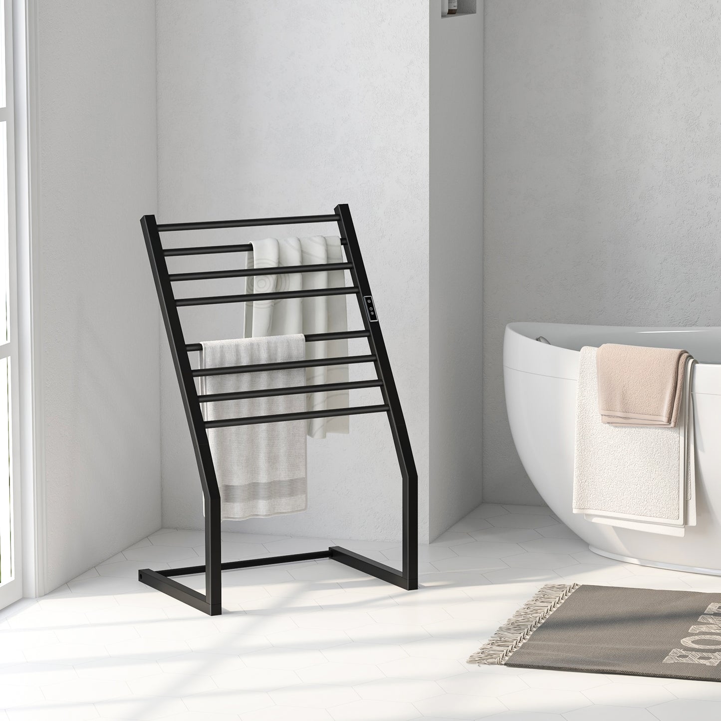 8 Bar Towel Warmer Rack with LED Display Freestanding or Wall Mounted