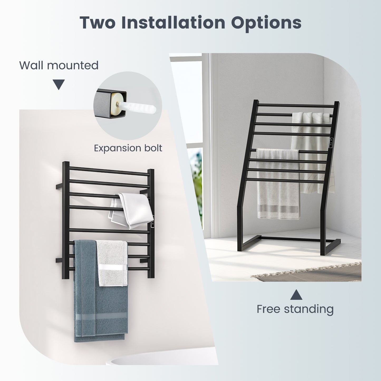 8 Bar Towel Warmer Rack with LED Display Freestanding or Wall Mounted