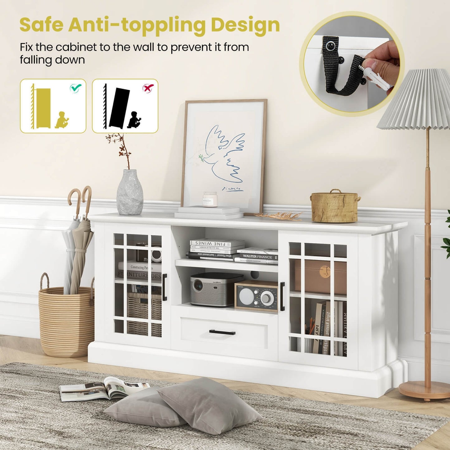 Modern TV Stand with Glass Doors Drawer and Storage Cubbies for TVs up to 70 Inches - White