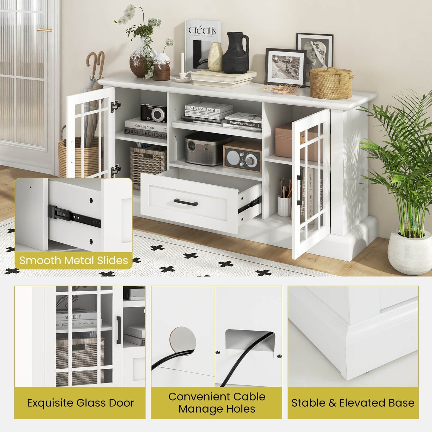 Modern TV Stand with Glass Doors Drawer and Storage Cubbies for TVs up to 70 Inches - White