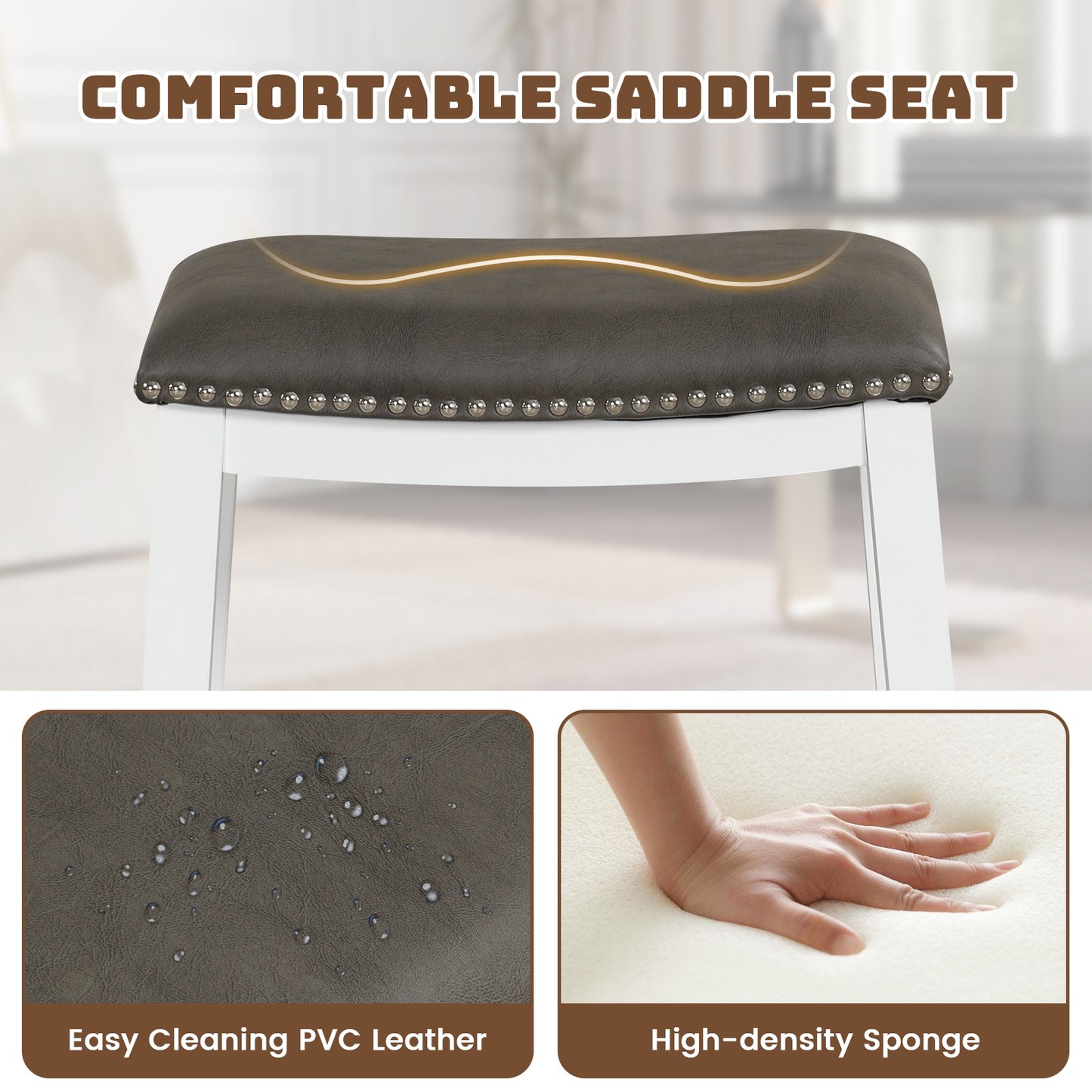 Elegant Counter Height Bar Chairs Set of 2 with PVC Leather Seat and Wooden Base, 26 Inch Grey