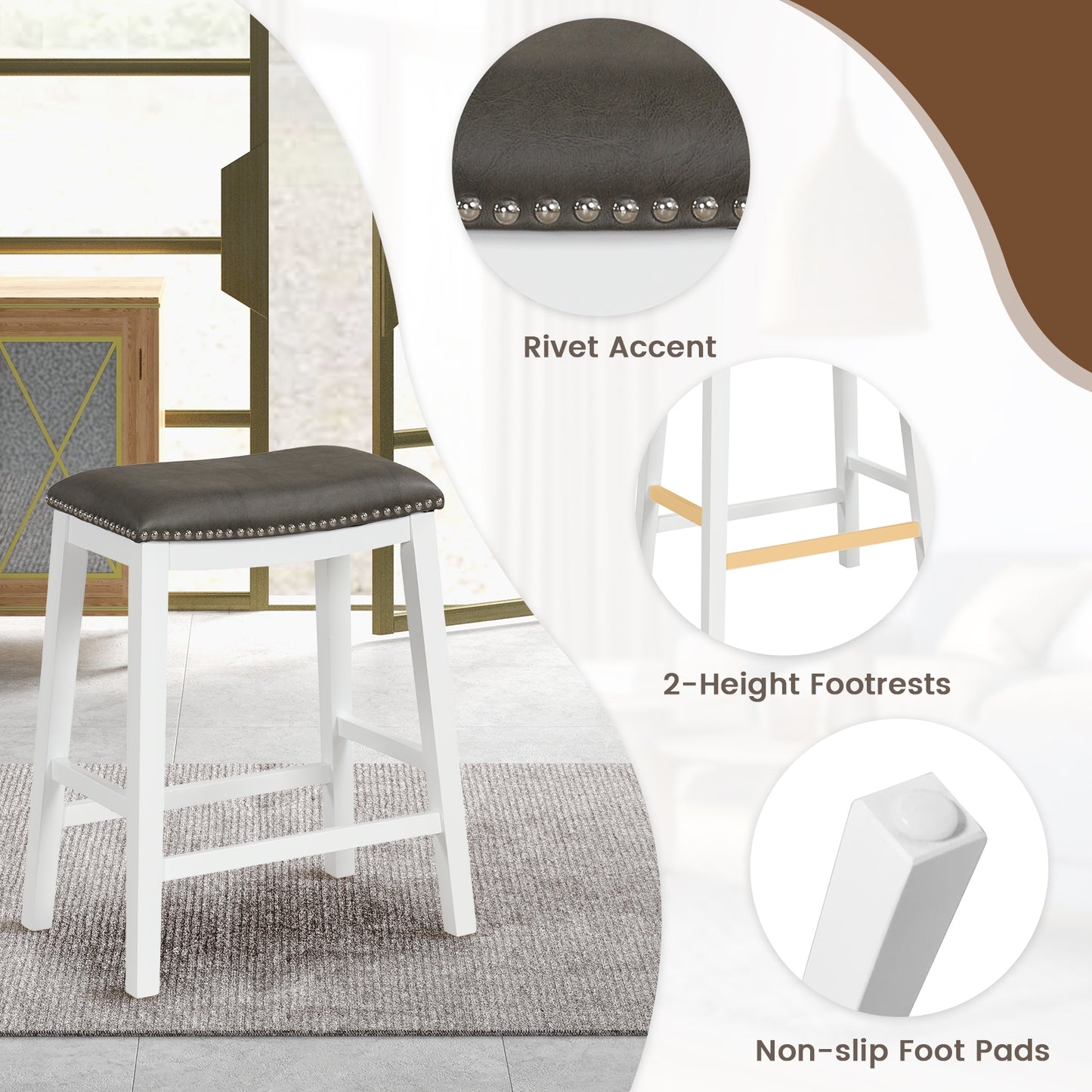 Elegant Counter Height Bar Chairs Set of 2 with PVC Leather Seat and Wooden Base, 26 Inch Grey