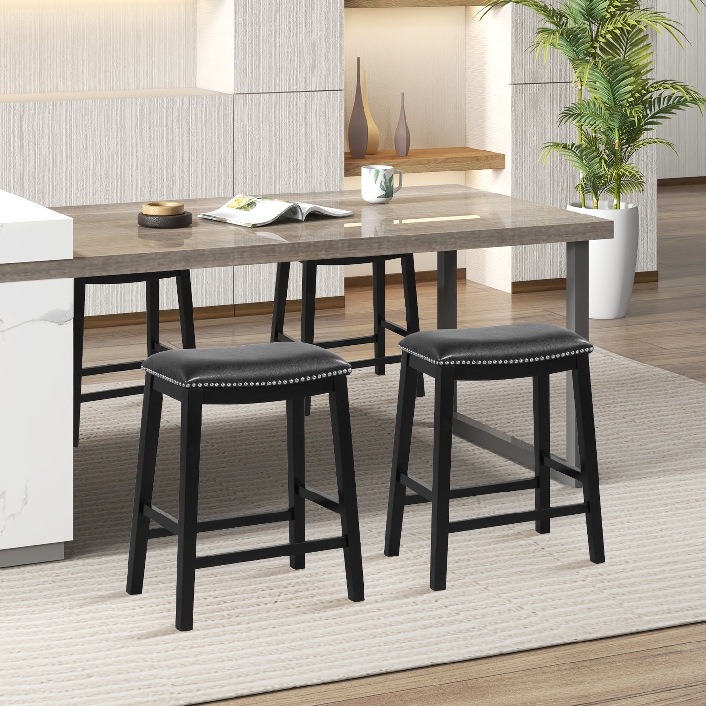 Elegant Counter Height Bar Chairs Set of 2 with PVC Leather Seat and Wooden Base, 26 Inch Black