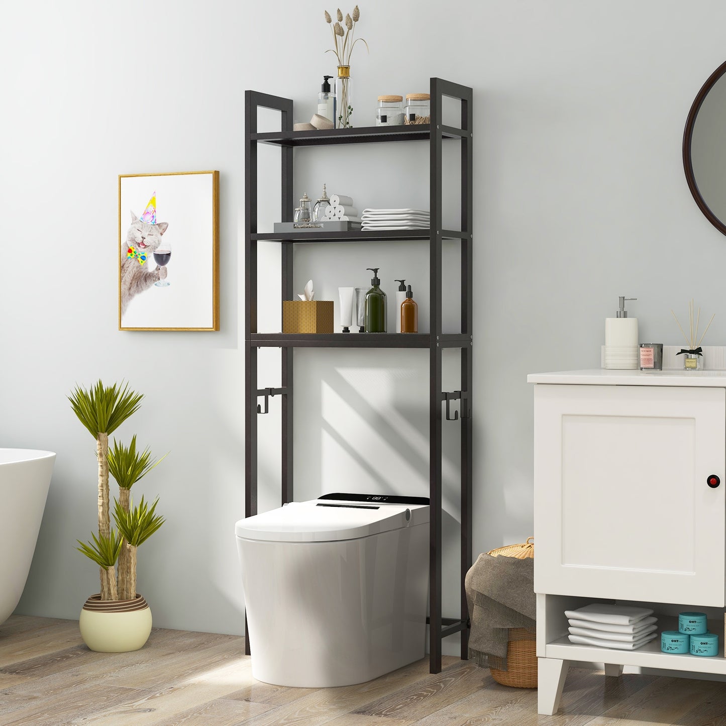 Space Saving Over-The-Toilet Metal Storage Rack with Hooks