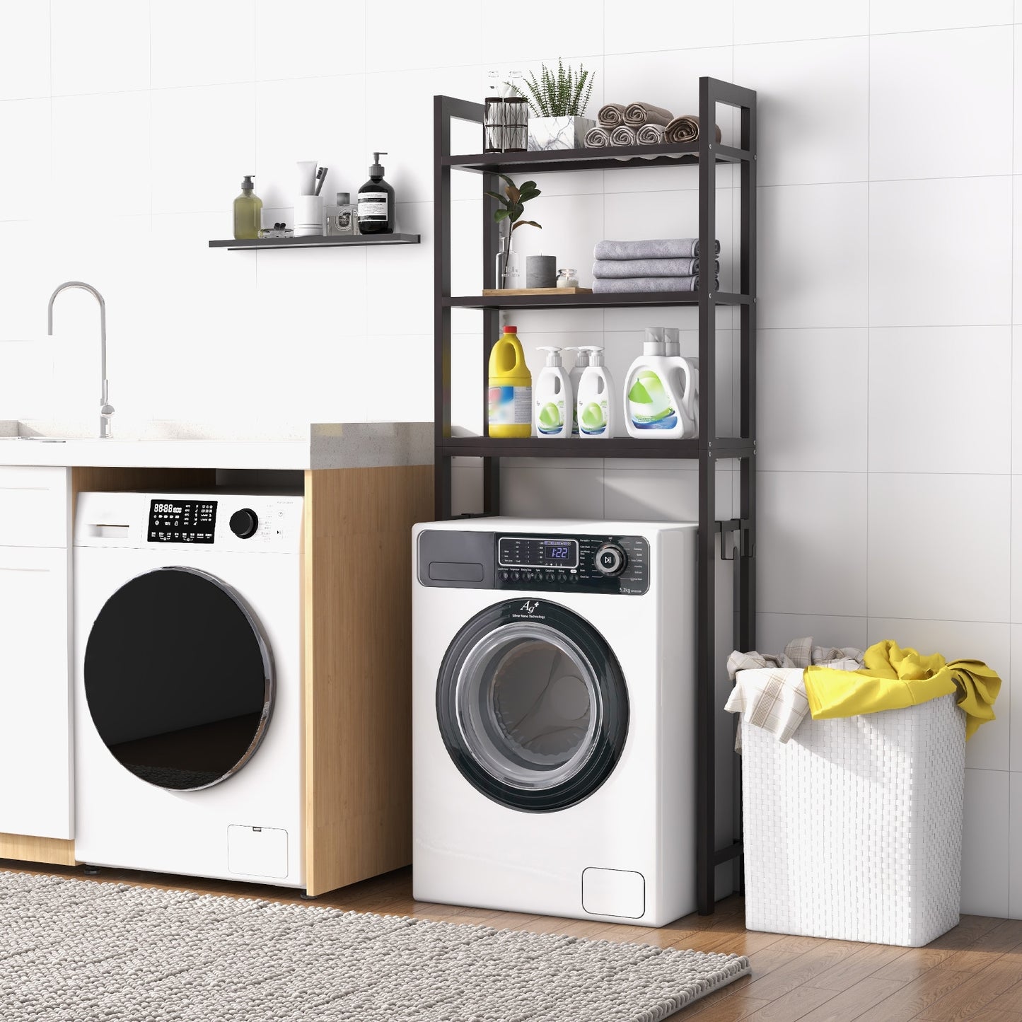 Space Saving Over-The-Toilet Metal Storage Rack with Hooks