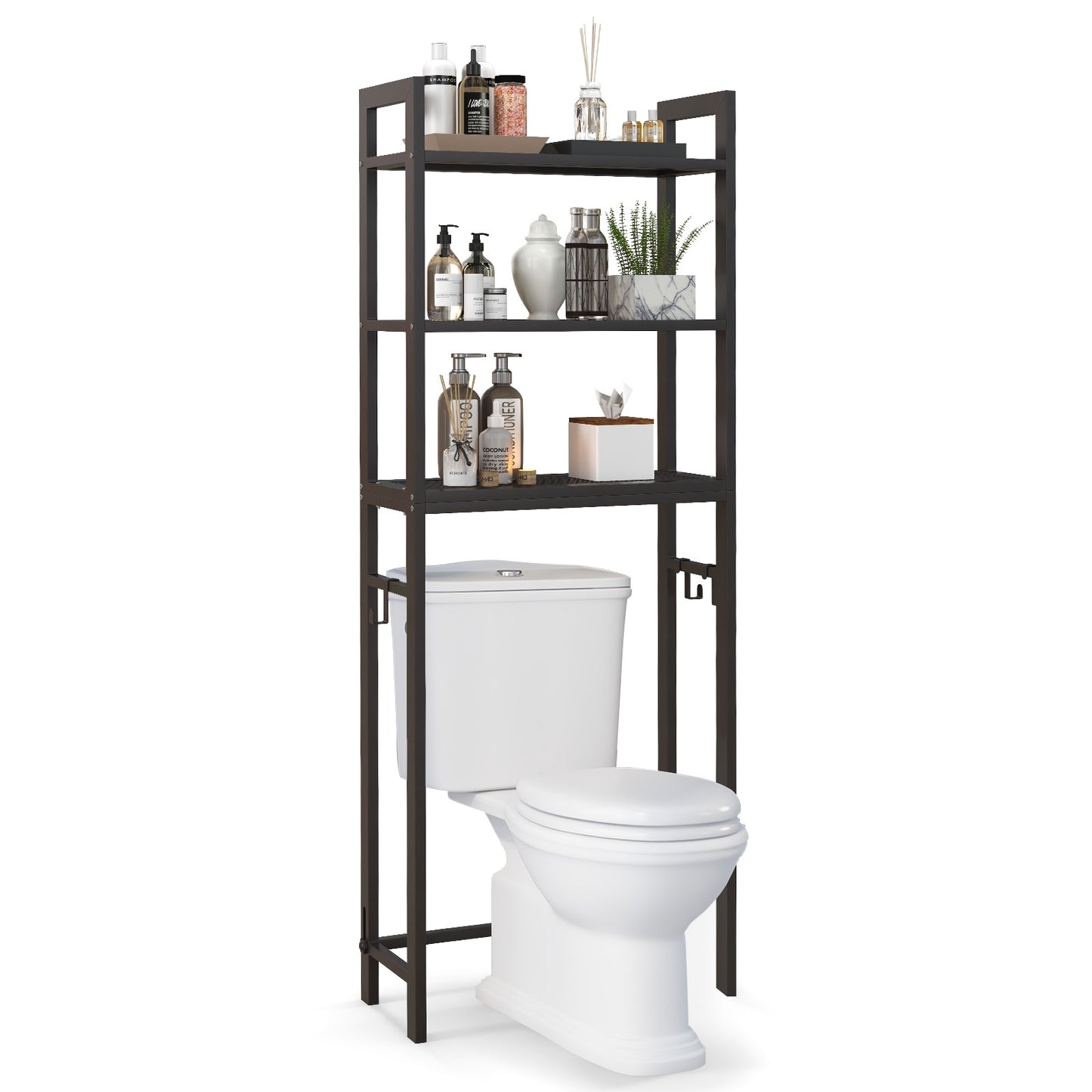 Space Saving Over-The-Toilet Metal Storage Rack with Hooks