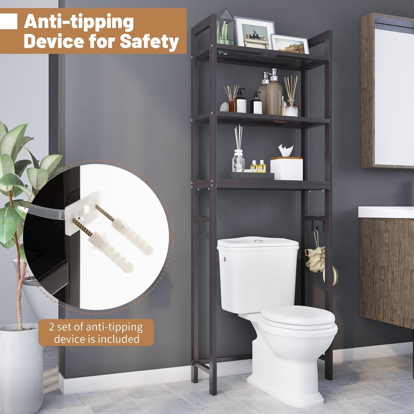 Space Saving Over-The-Toilet Metal Storage Rack with Hooks