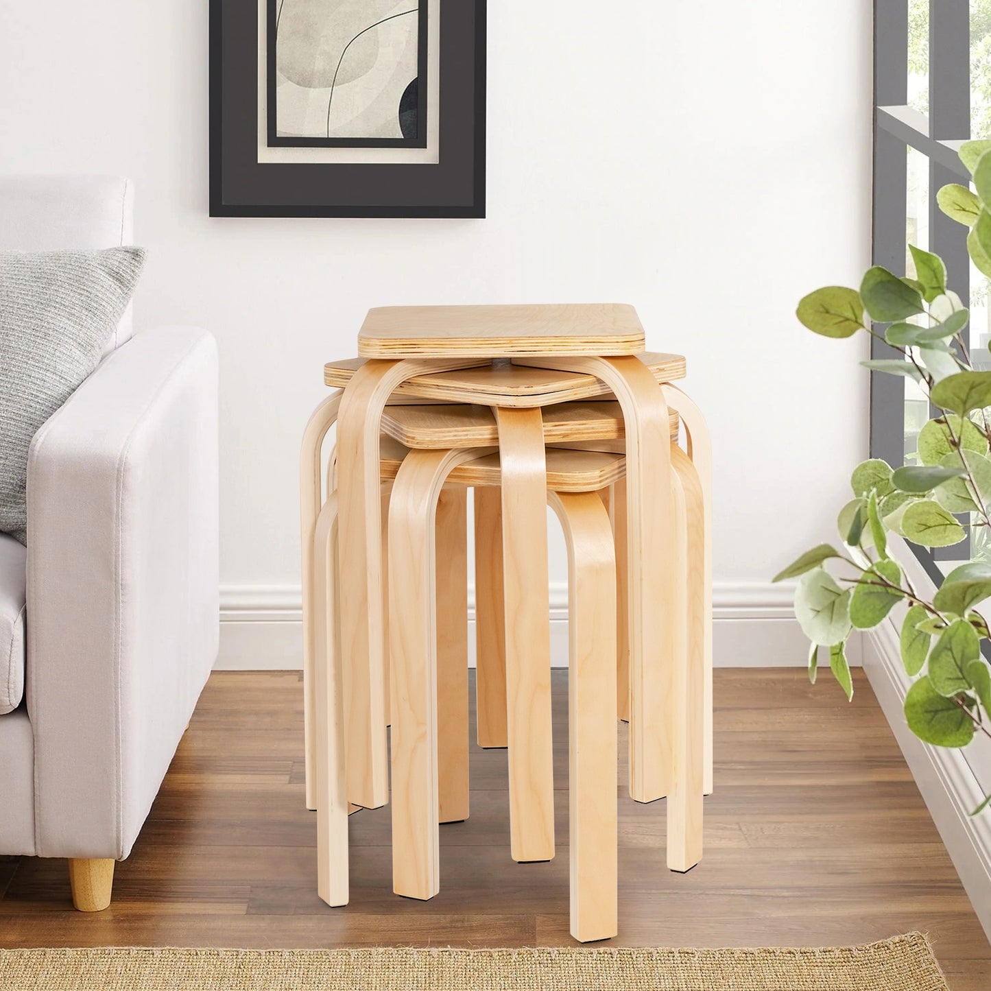 Set of 4 Stackable Colorful Square Wooden Stools with Anti-slip Pads - Natural