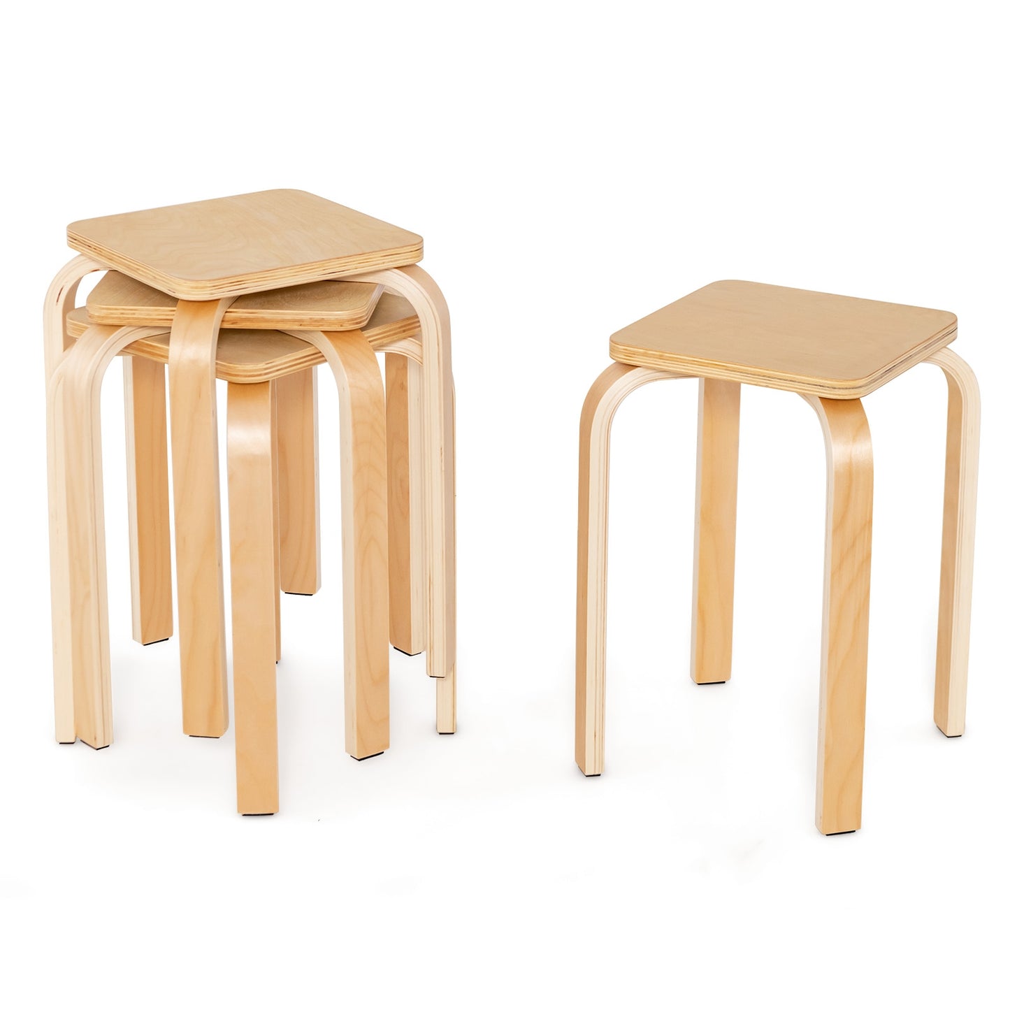 Set of 4 Stackable Colorful Square Wooden Stools with Anti-slip Pads - Natural