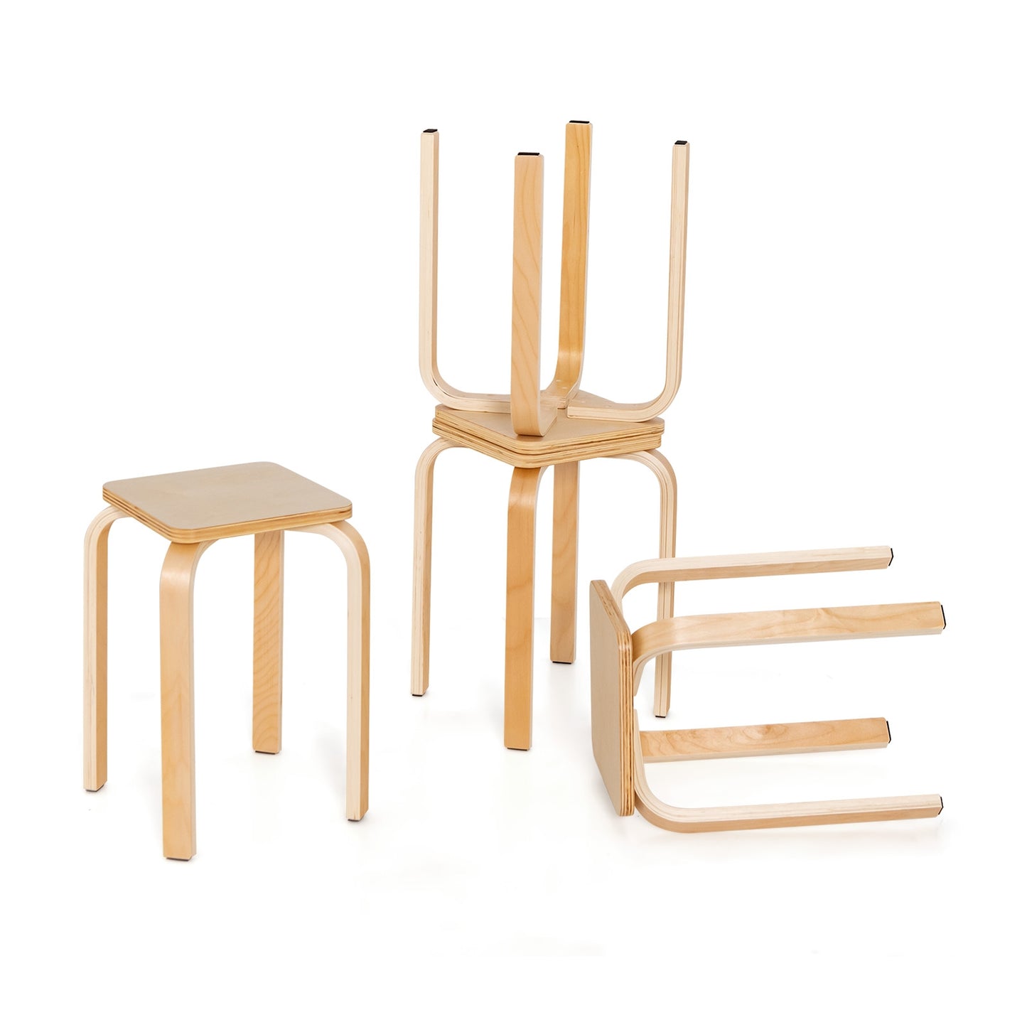 Set of 4 Stackable Colorful Square Wooden Stools with Anti-slip Pads - Natural