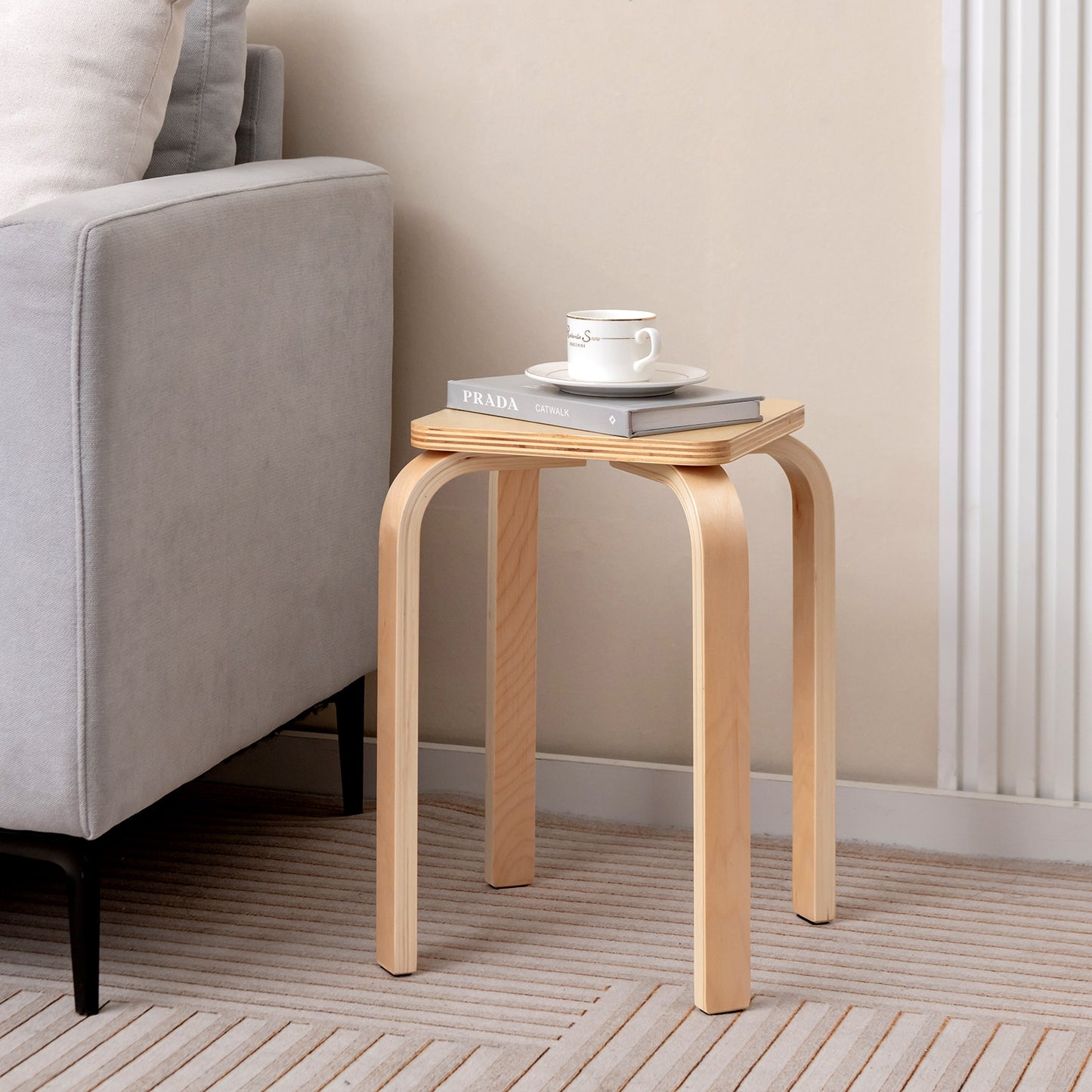 Set of 4 Stackable Colorful Square Wooden Stools with Anti-slip Pads - Natural