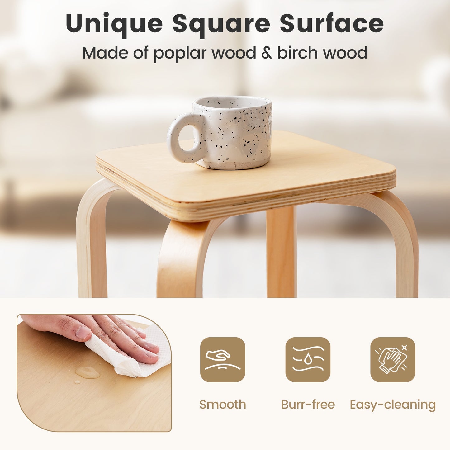 Set of 4 Stackable Colorful Square Wooden Stools with Anti-slip Pads - Natural