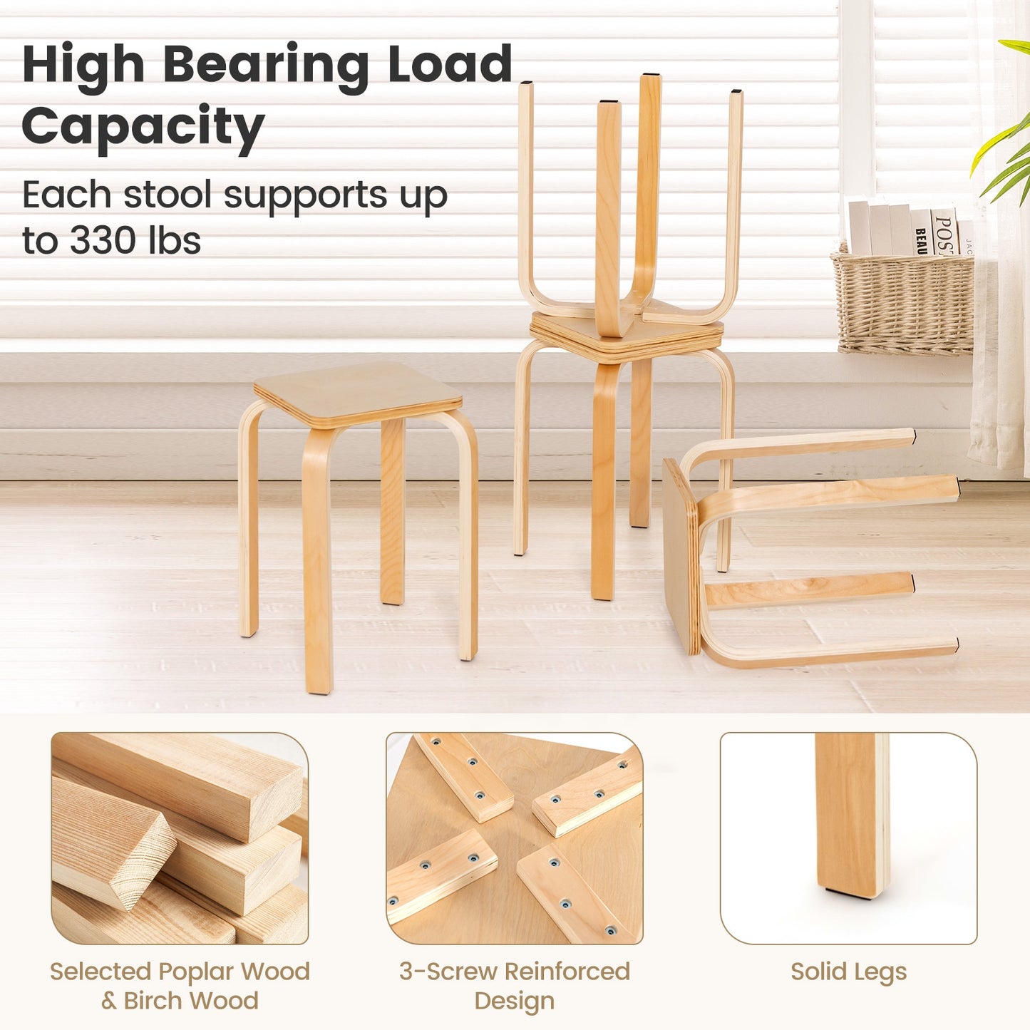 Set of 4 Stackable Colorful Square Wooden Stools with Anti-slip Pads - Natural