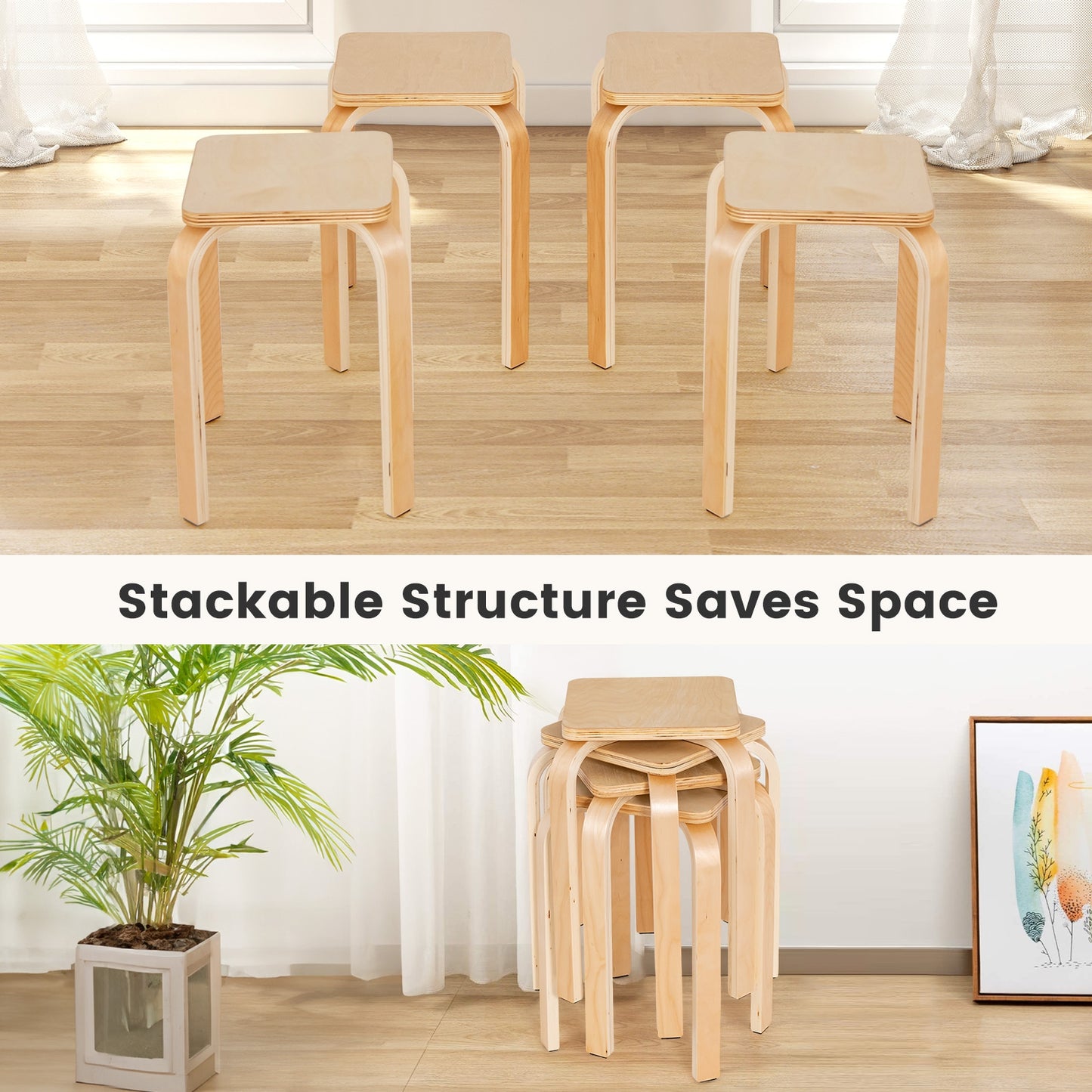 Set of 4 Stackable Colorful Square Wooden Stools with Anti-slip Pads - Natural