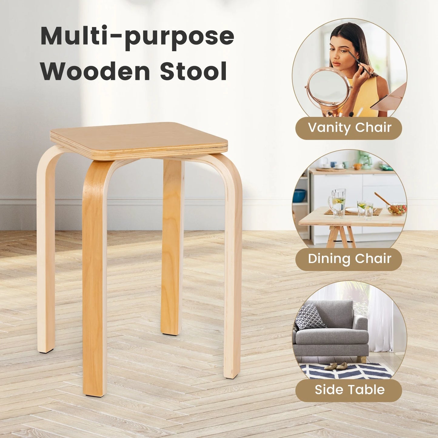 Set of 4 Stackable Colorful Square Wooden Stools with Anti-slip Pads - Natural
