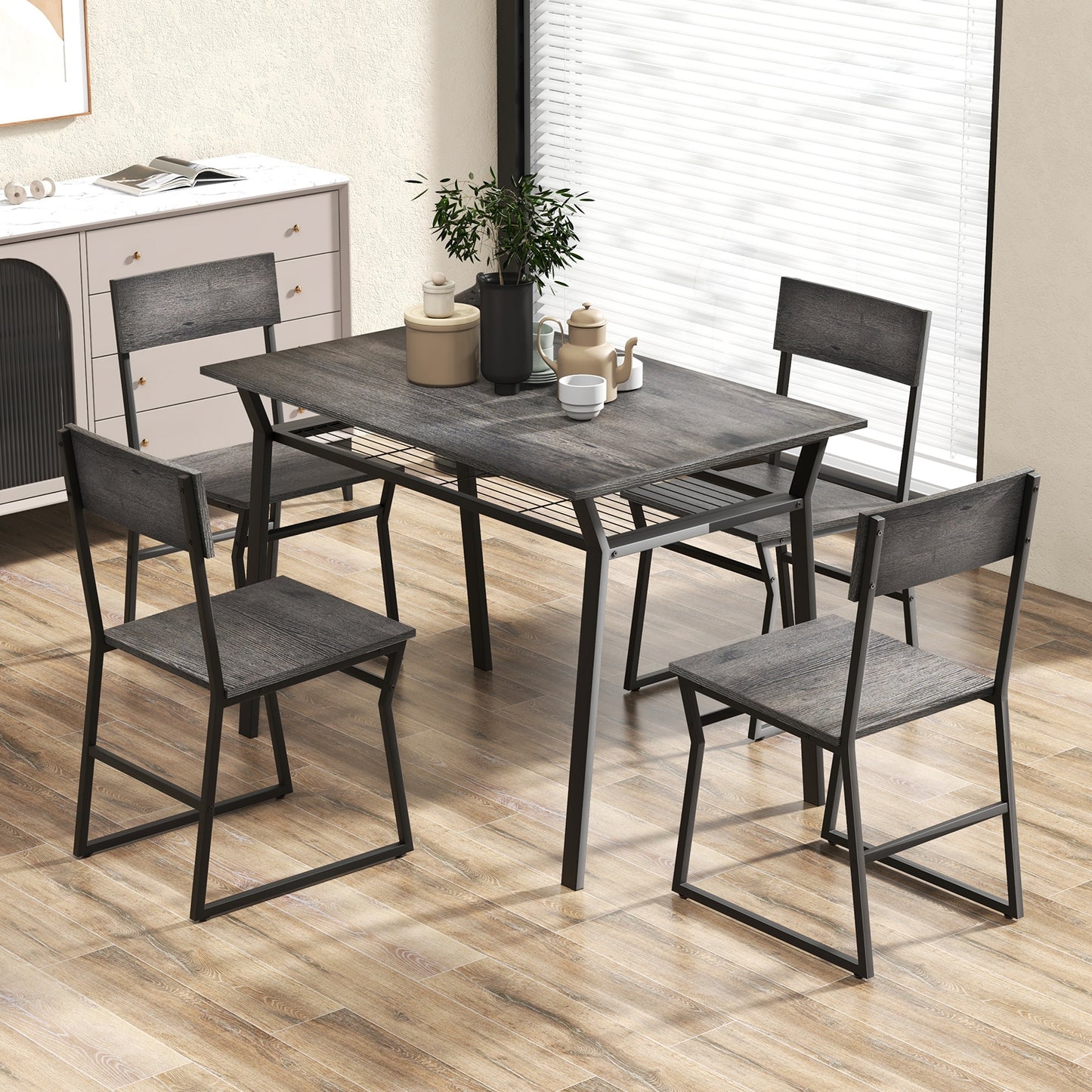 5 Piece Dining Table Set with Storage Shelf and Sleek Metal Frame in Grey Finish