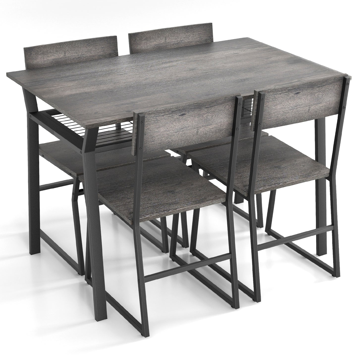 5 Piece Dining Table Set with Storage Shelf and Sleek Metal Frame in Grey Finish