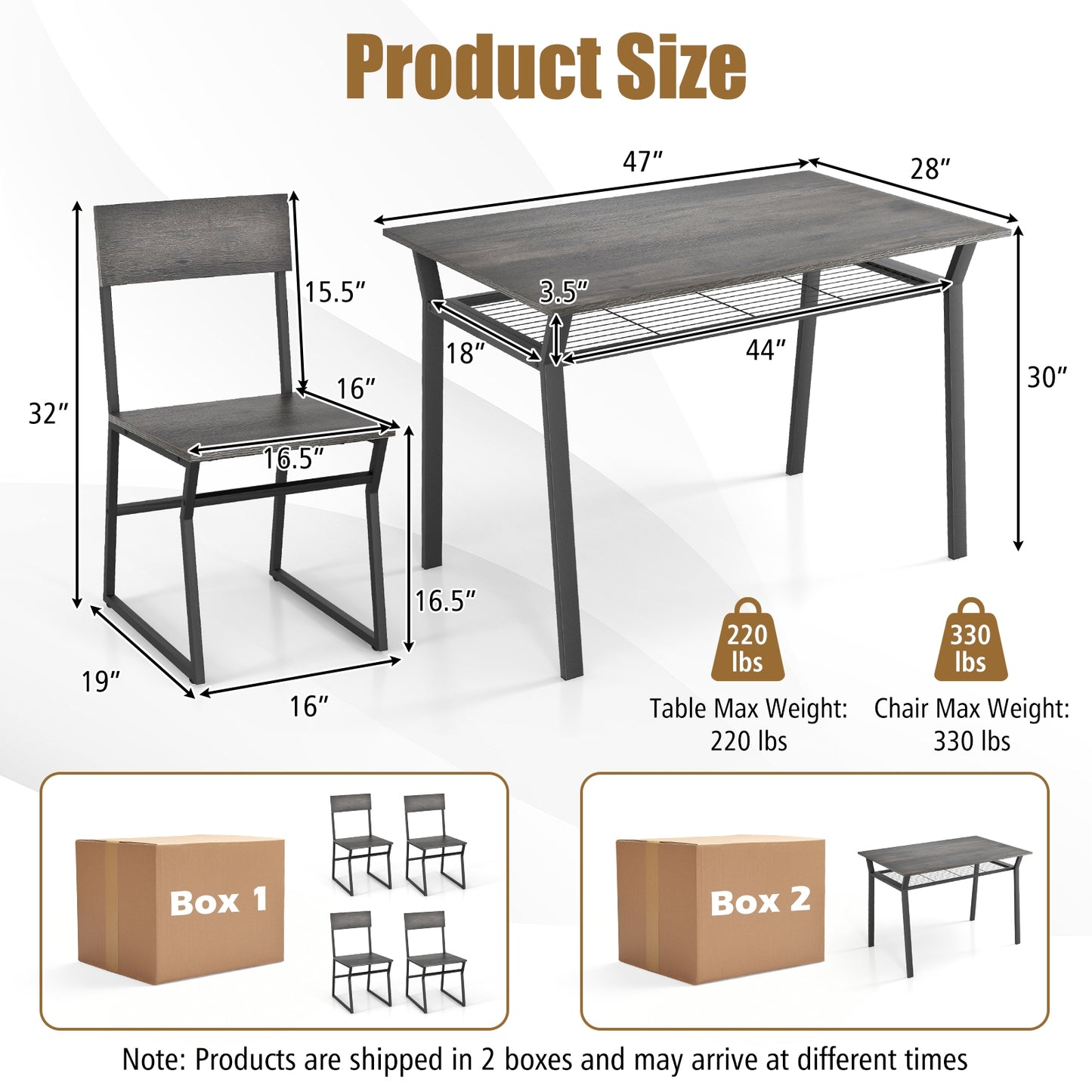 5 Piece Dining Table Set with Storage Shelf and Sleek Metal Frame in Grey Finish