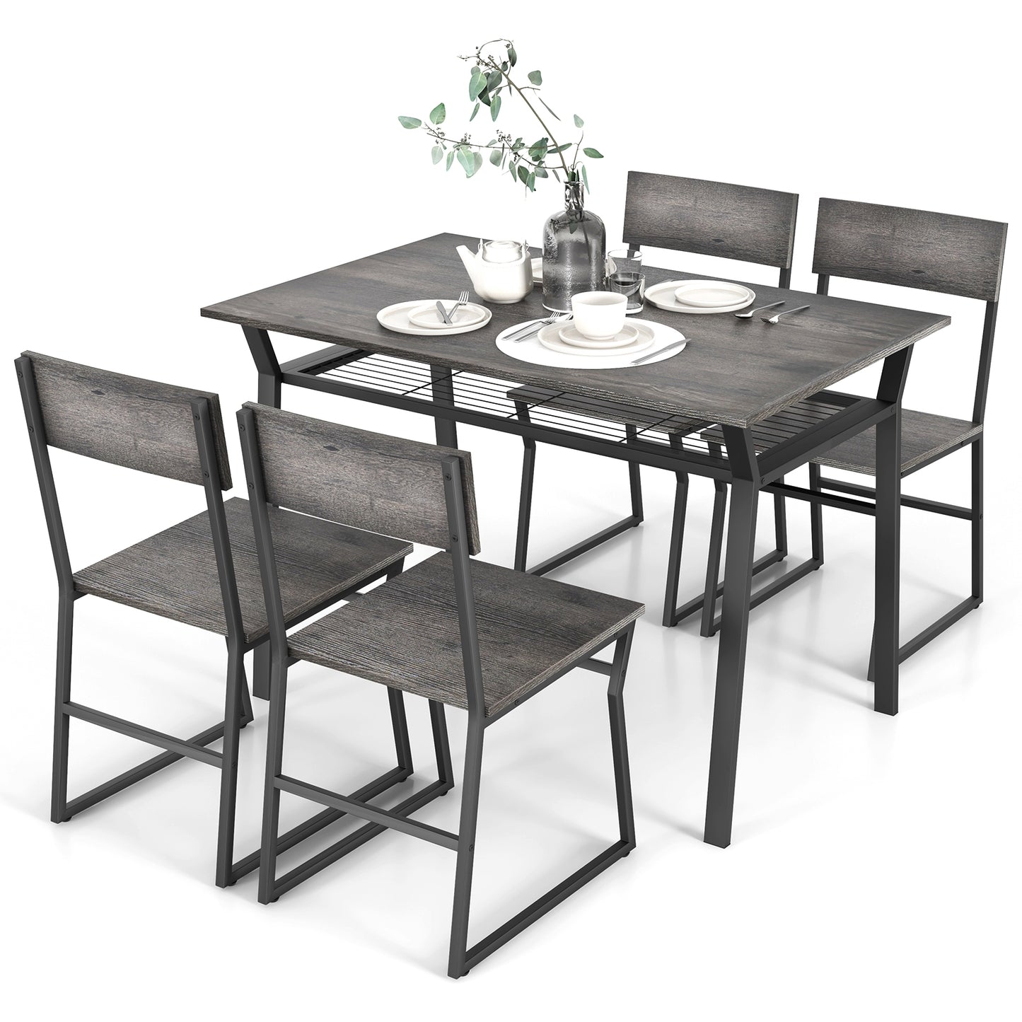 5 Piece Dining Table Set with Storage Shelf and Sleek Metal Frame in Grey Finish