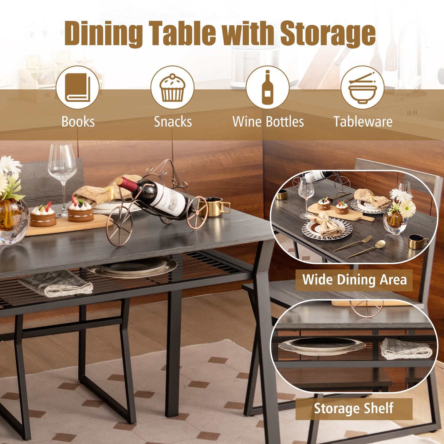 5 Piece Dining Table Set with Storage Shelf and Sleek Metal Frame in Grey Finish