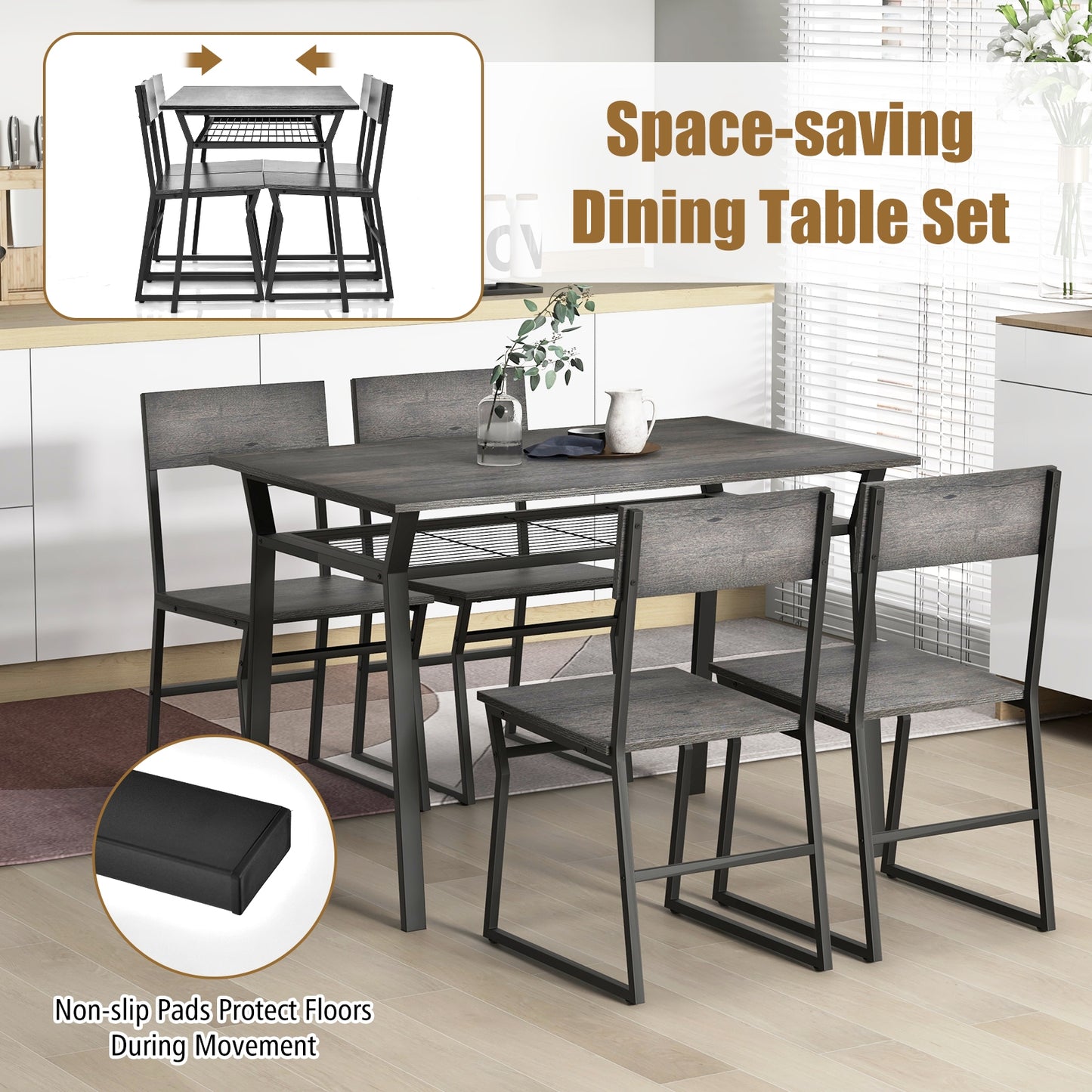 5 Piece Dining Table Set with Storage Shelf and Sleek Metal Frame in Grey Finish