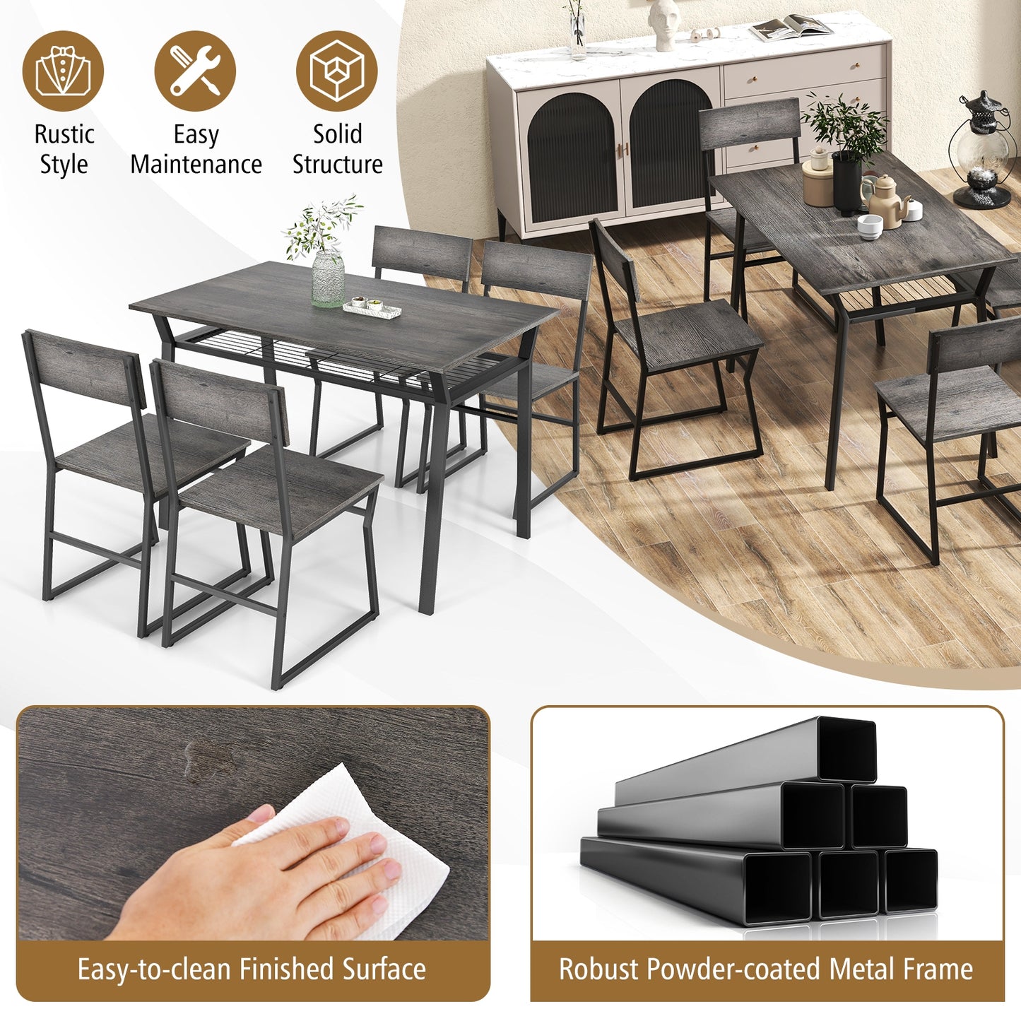 5 Piece Dining Table Set with Storage Shelf and Sleek Metal Frame in Grey Finish