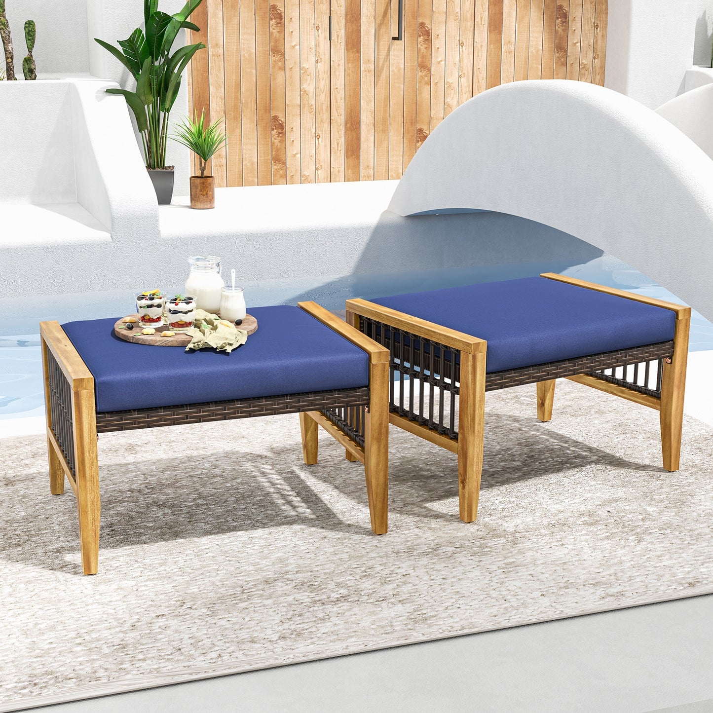 Outdoor Acacia Wood Ottomans with Removable Cushions and Woven Rattan Footstools