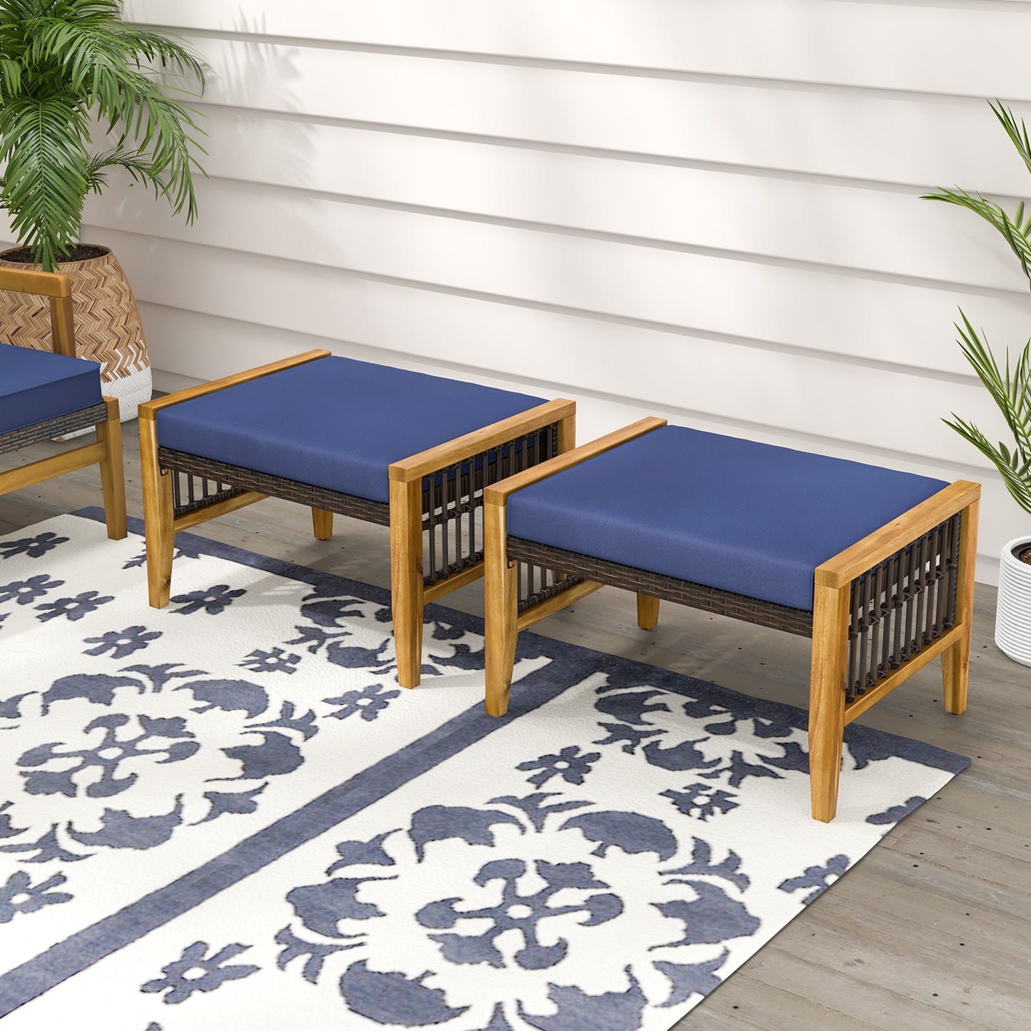 Outdoor Acacia Wood Ottomans with Removable Cushions and Woven Rattan Footstools