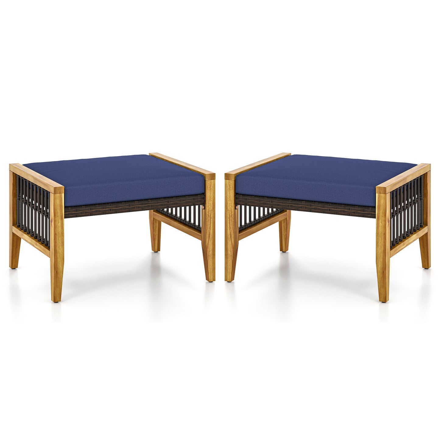 Outdoor Acacia Wood Ottomans with Removable Cushions and Woven Rattan Footstools