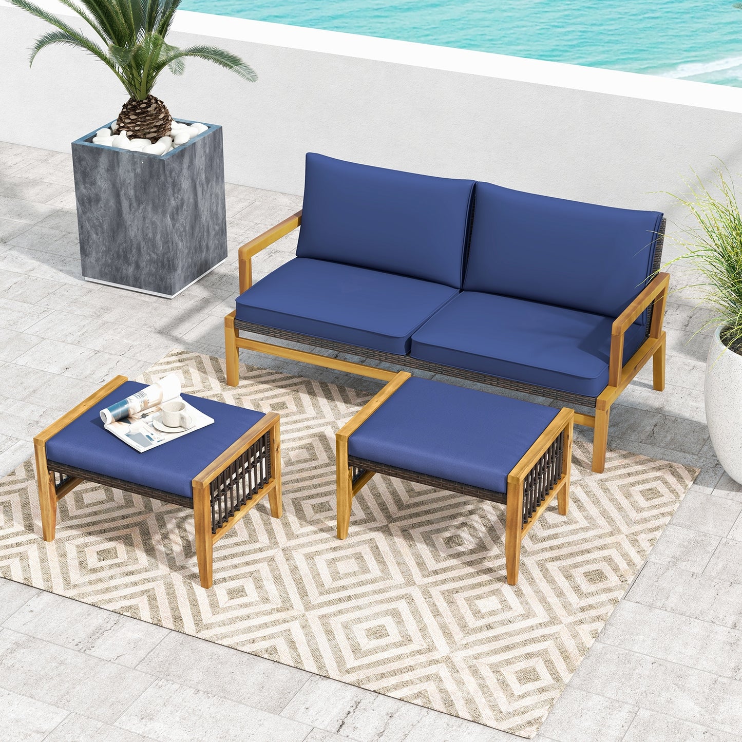 Outdoor Acacia Wood Ottomans with Removable Cushions and Woven Rattan Footstools