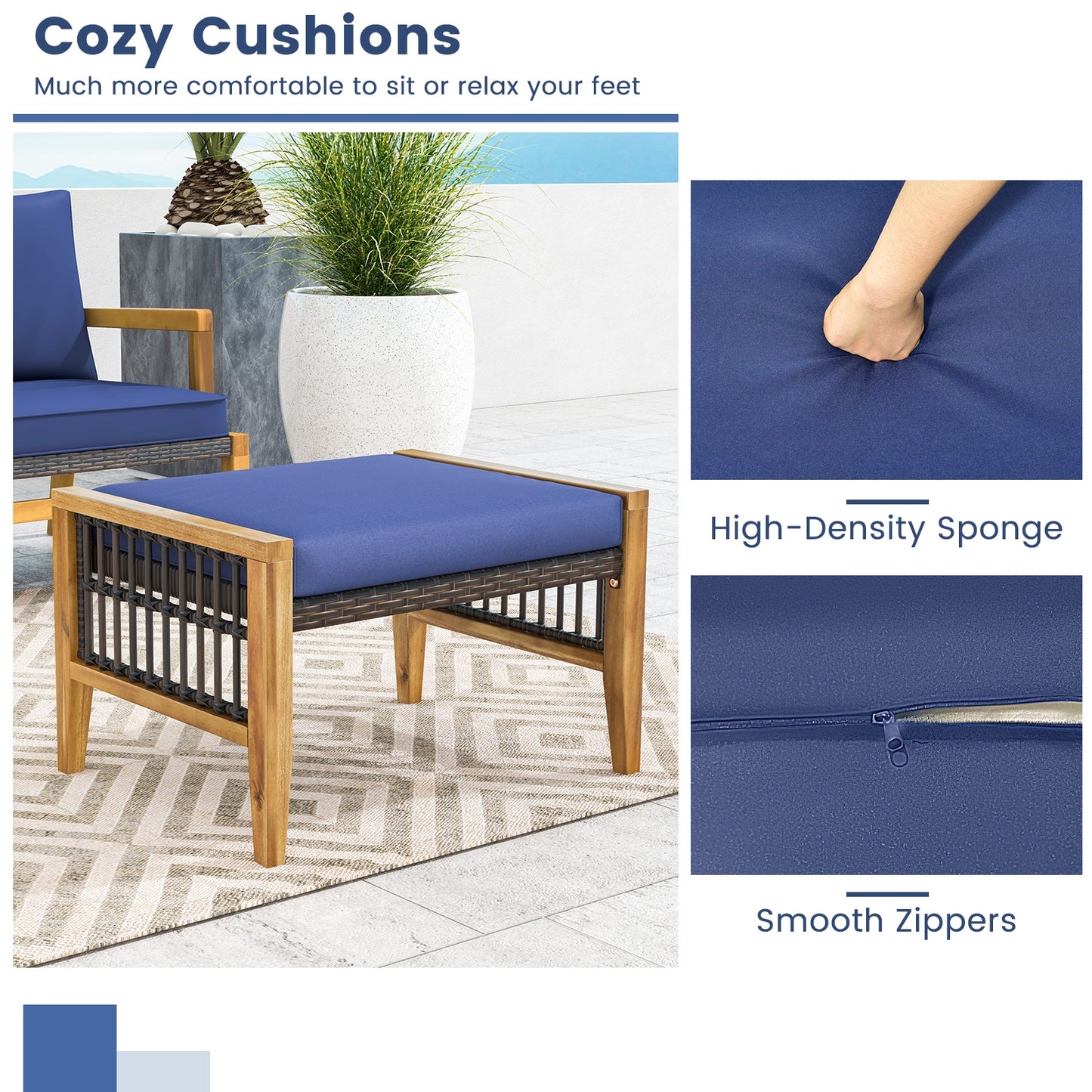 Outdoor Acacia Wood Ottomans with Removable Cushions and Woven Rattan Footstools