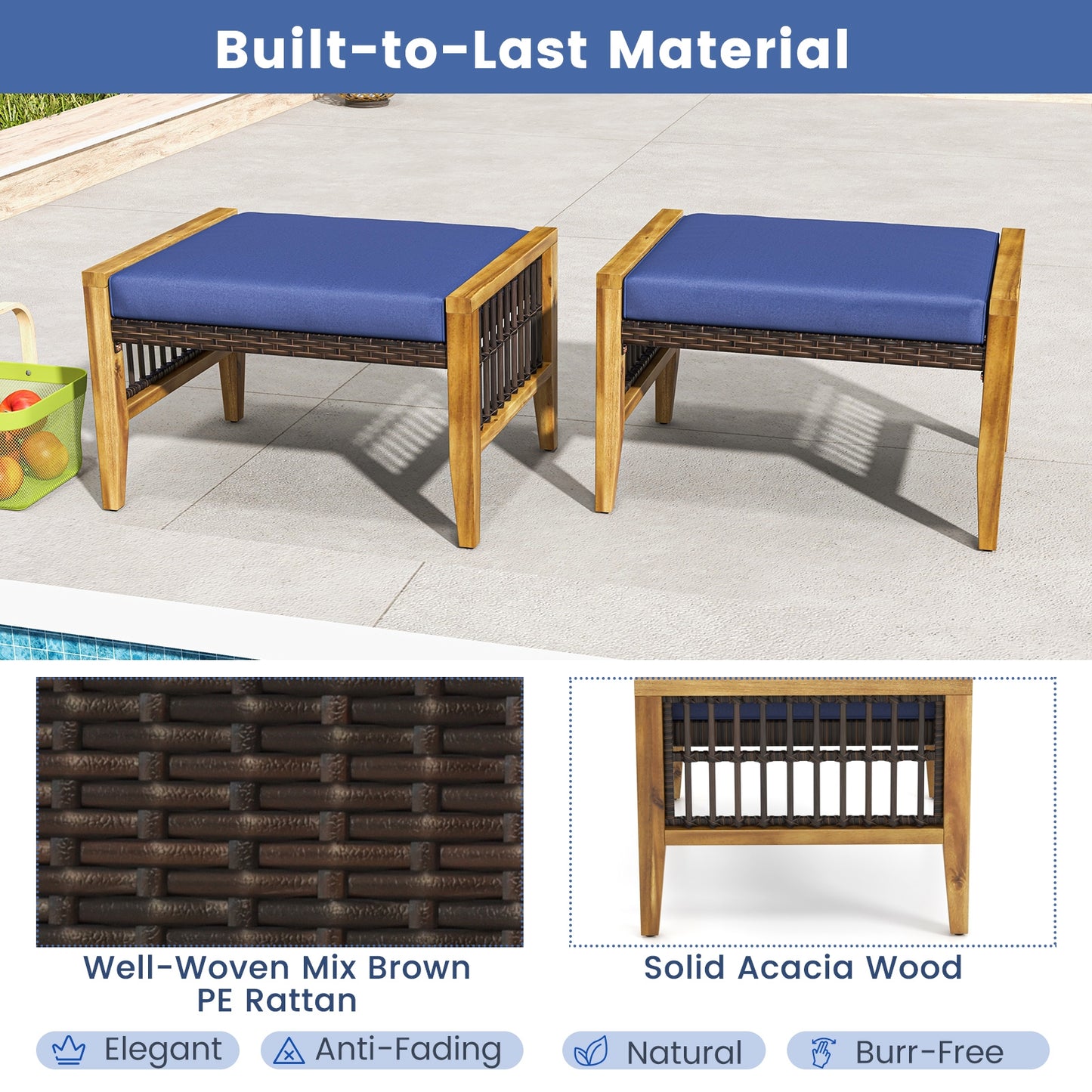 Outdoor Acacia Wood Ottomans with Removable Cushions and Woven Rattan Footstools