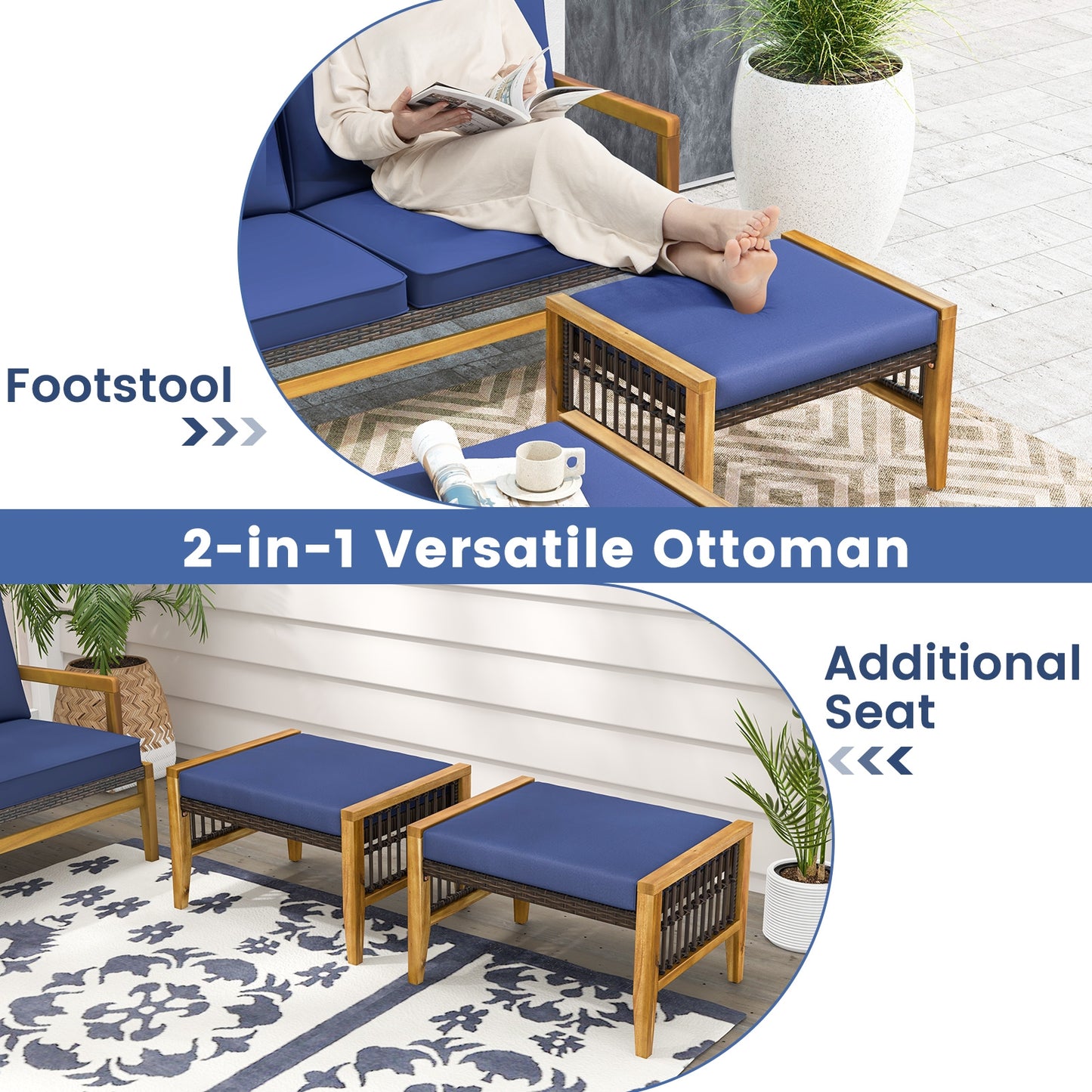 Outdoor Acacia Wood Ottomans with Removable Cushions and Woven Rattan Footstools