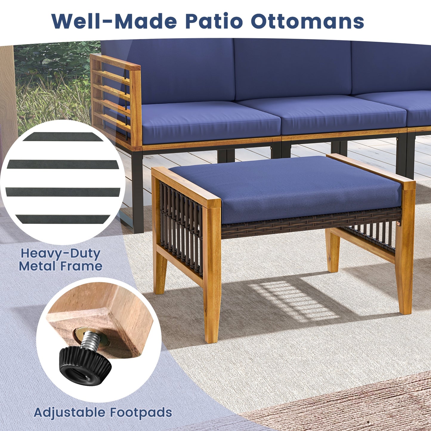 Outdoor Acacia Wood Ottomans with Removable Cushions and Woven Rattan Footstools