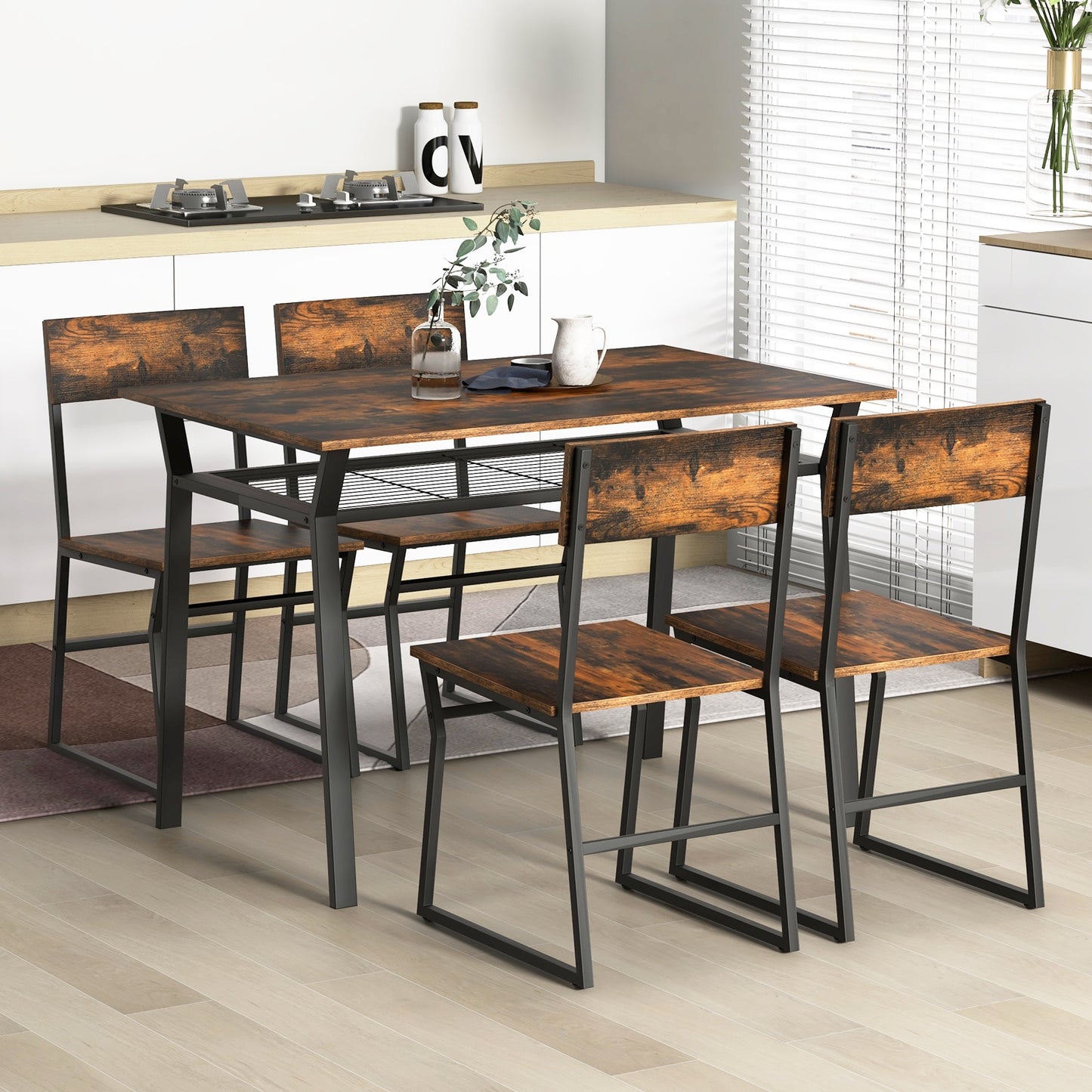5 Piece Dining Table Set with Storage Shelf and Sleek Metal Frame in Coffee Finish