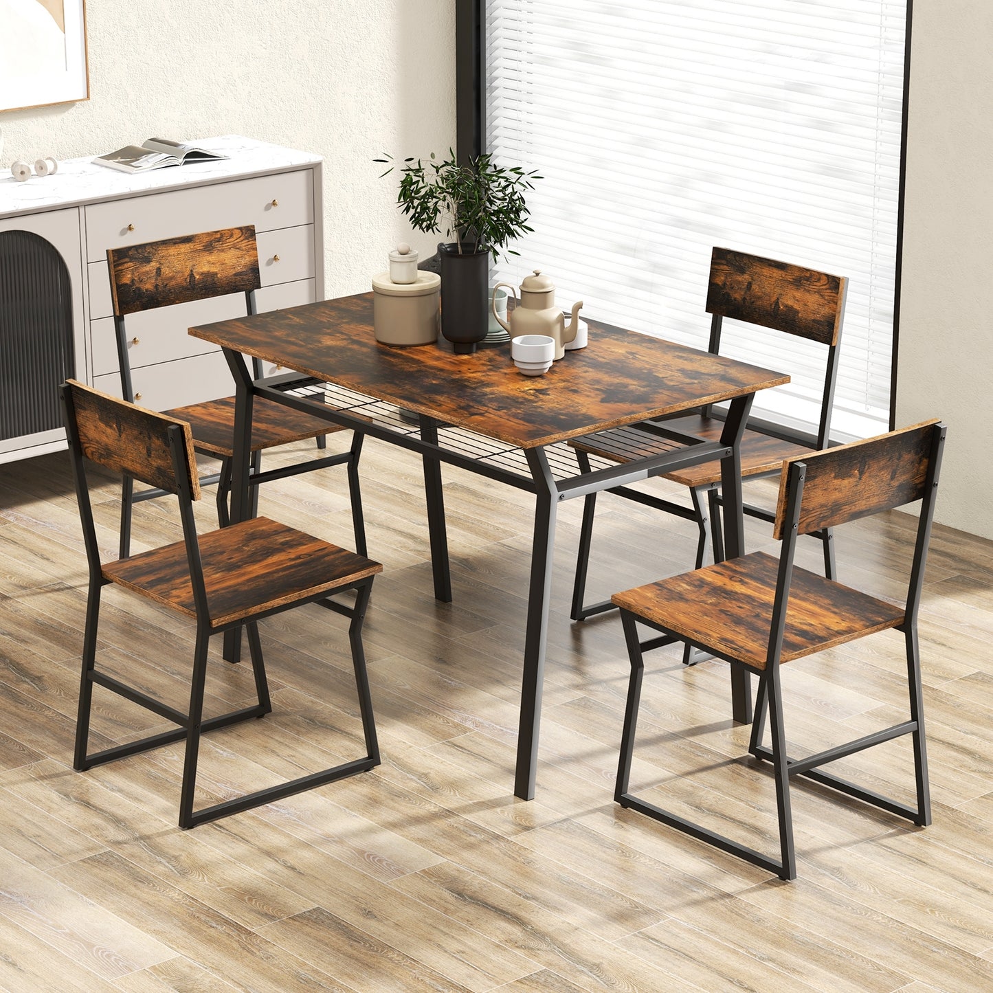5 Piece Dining Table Set with Storage Shelf and Sleek Metal Frame in Coffee Finish