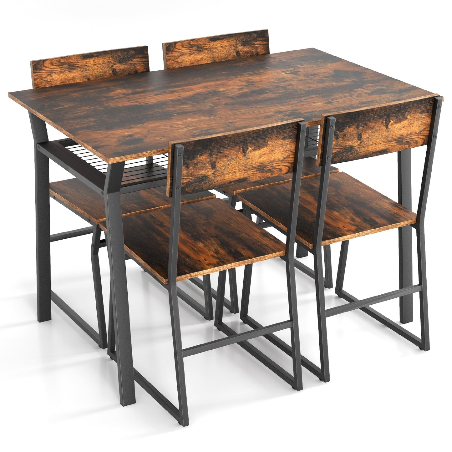 5 Piece Dining Table Set with Storage Shelf and Sleek Metal Frame in Coffee Finish