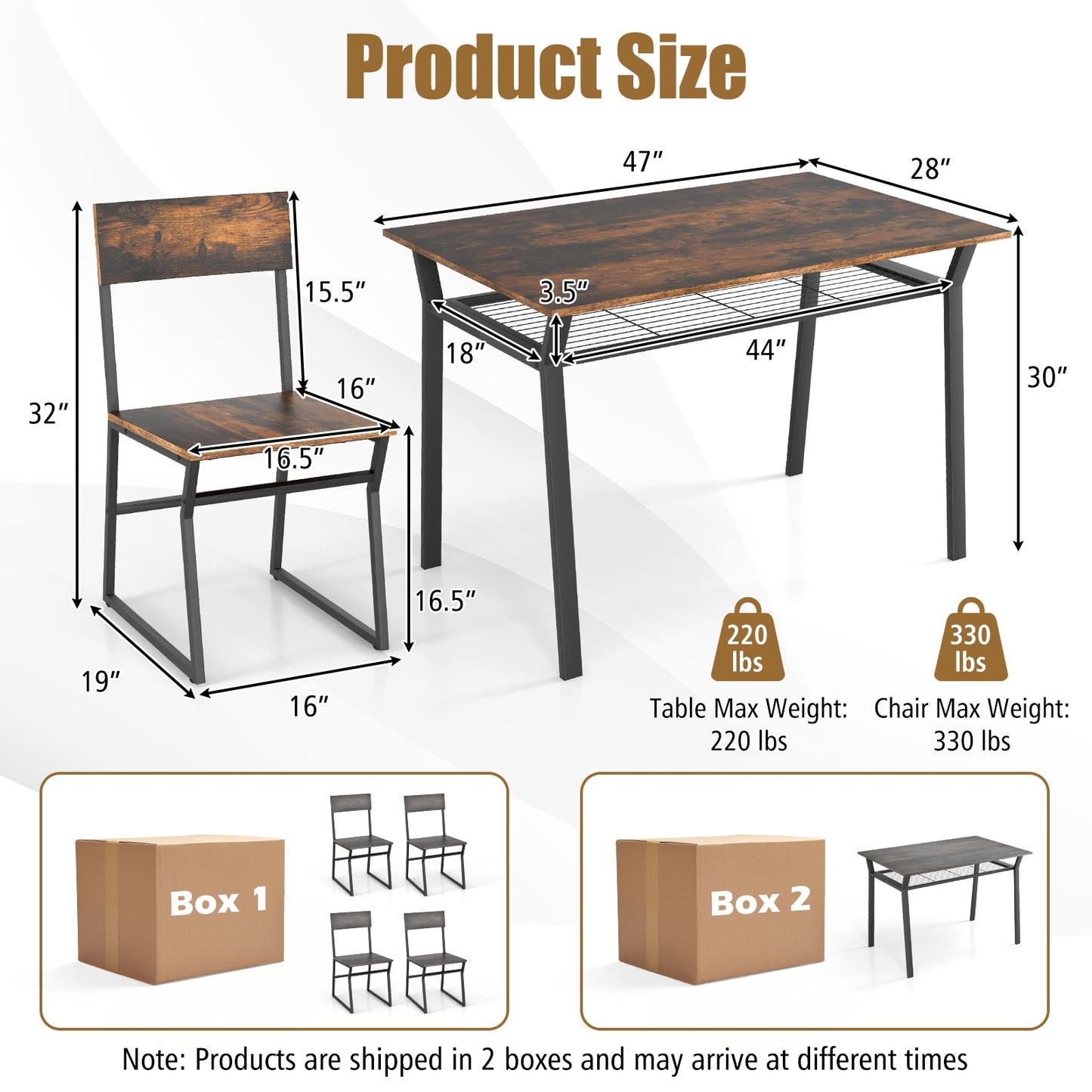 5 Piece Dining Table Set with Storage Shelf and Sleek Metal Frame in Coffee Finish