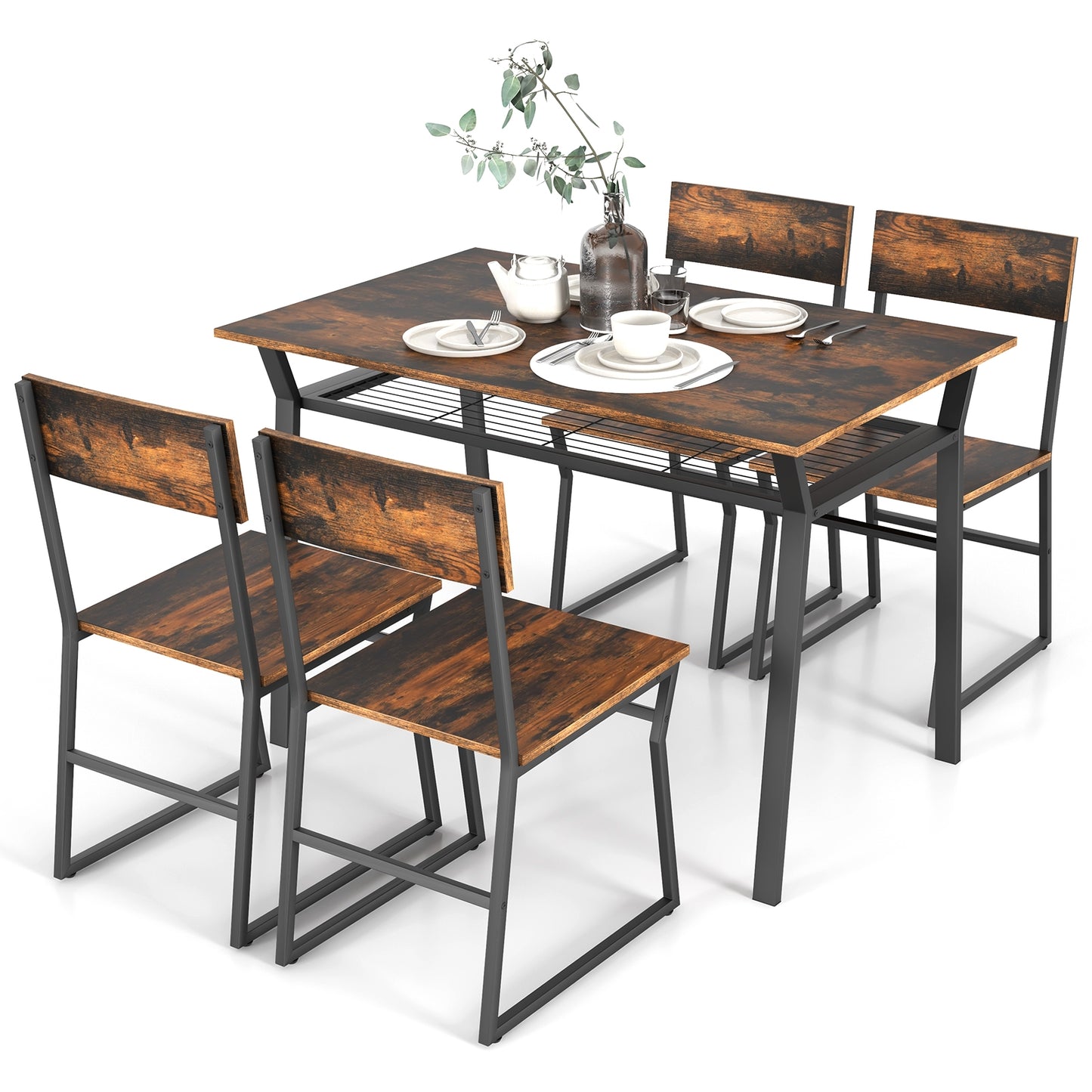 5 Piece Dining Table Set with Storage Shelf and Sleek Metal Frame in Coffee Finish