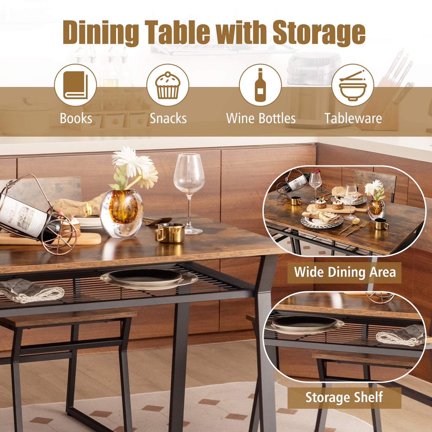 5 Piece Dining Table Set with Storage Shelf and Sleek Metal Frame in Coffee Finish