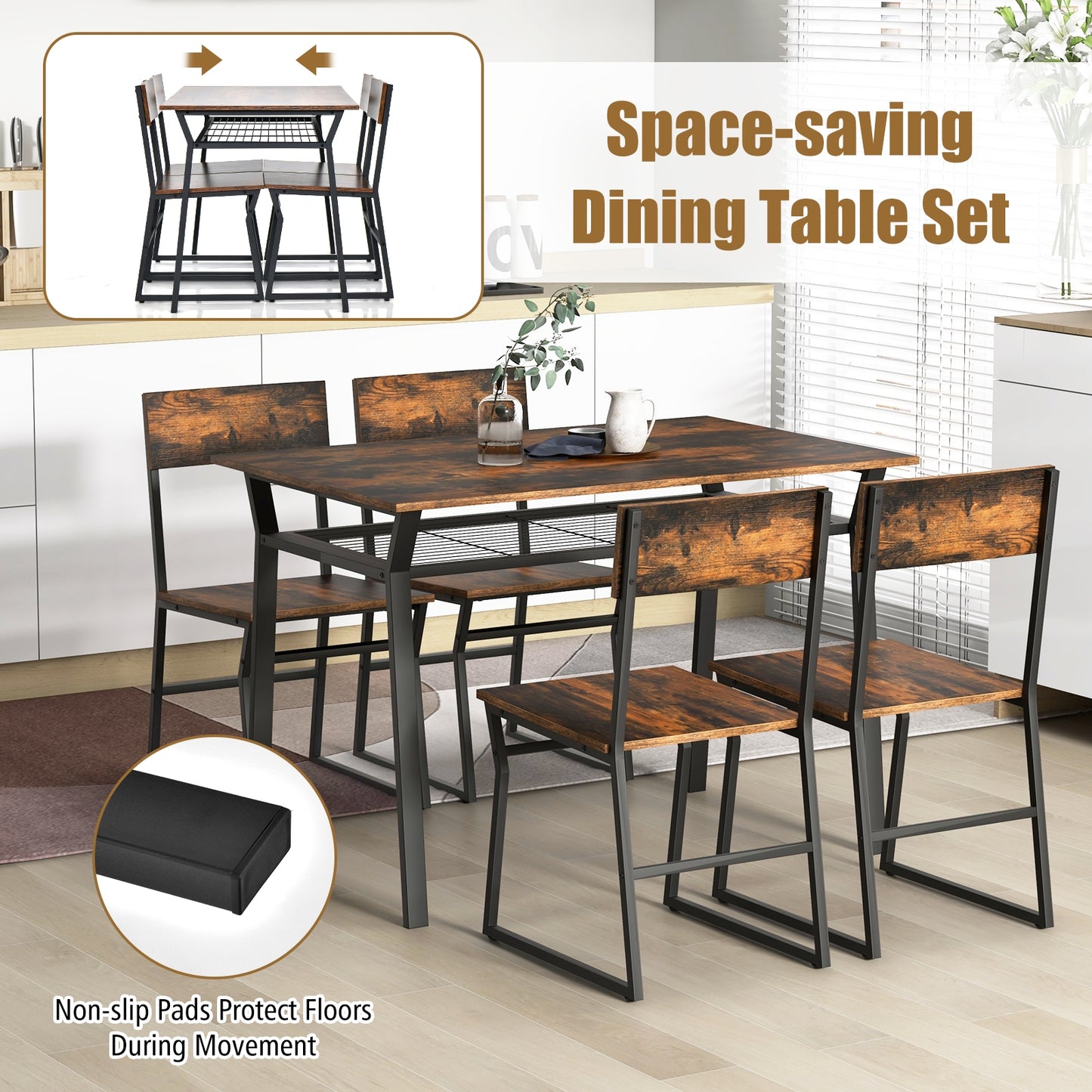 5 Piece Dining Table Set with Storage Shelf and Sleek Metal Frame in Coffee Finish
