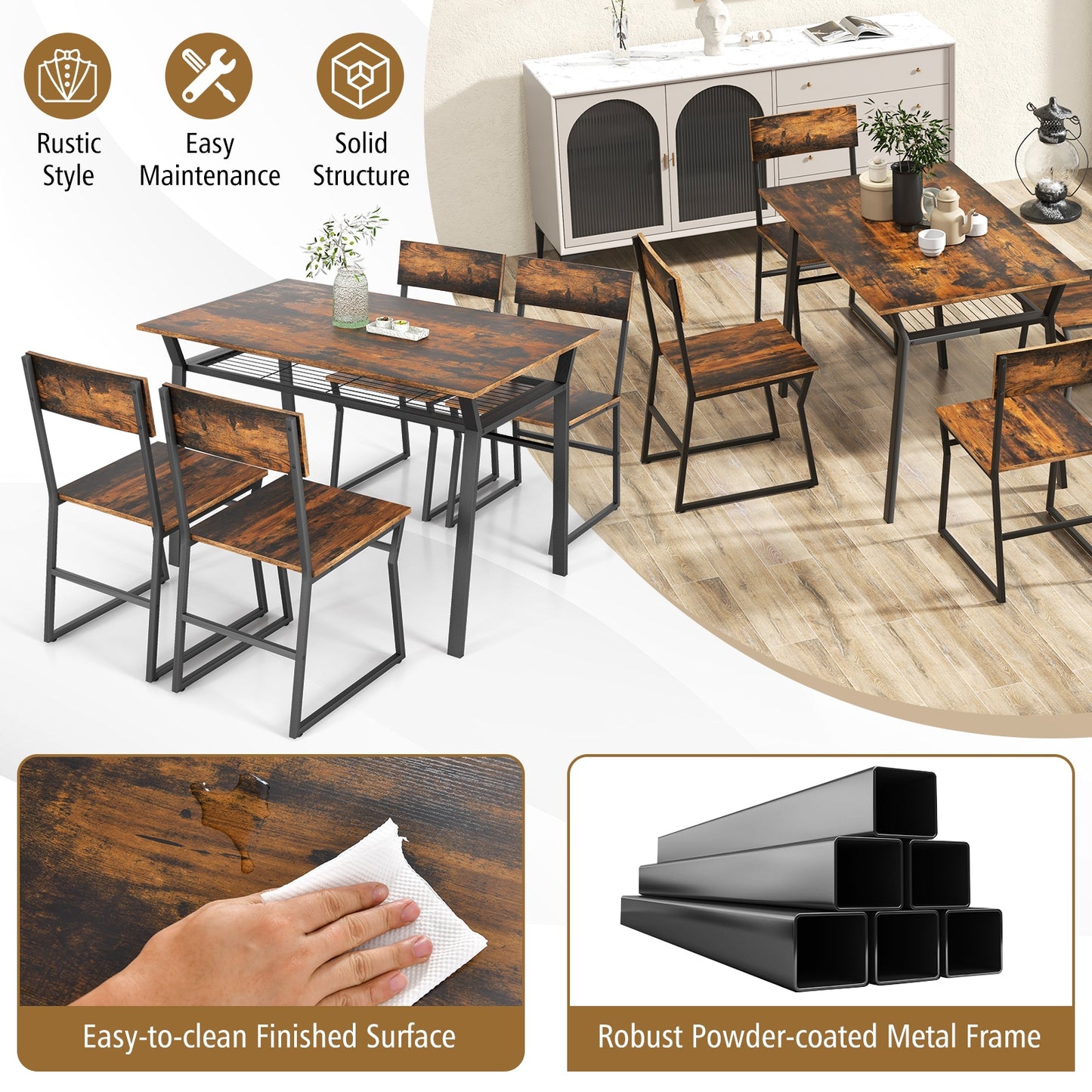 5 Piece Dining Table Set with Storage Shelf and Sleek Metal Frame in Coffee Finish