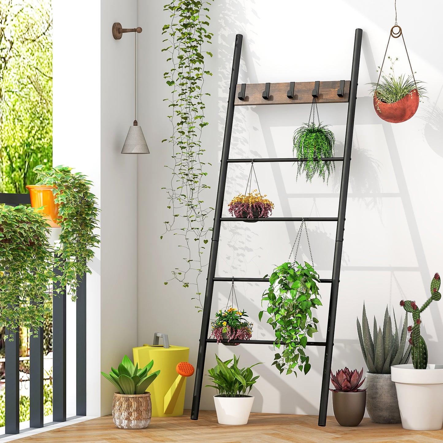 5-Tier Wall-Leaning Blanket Ladder with Removable Hooks and Industrial Design