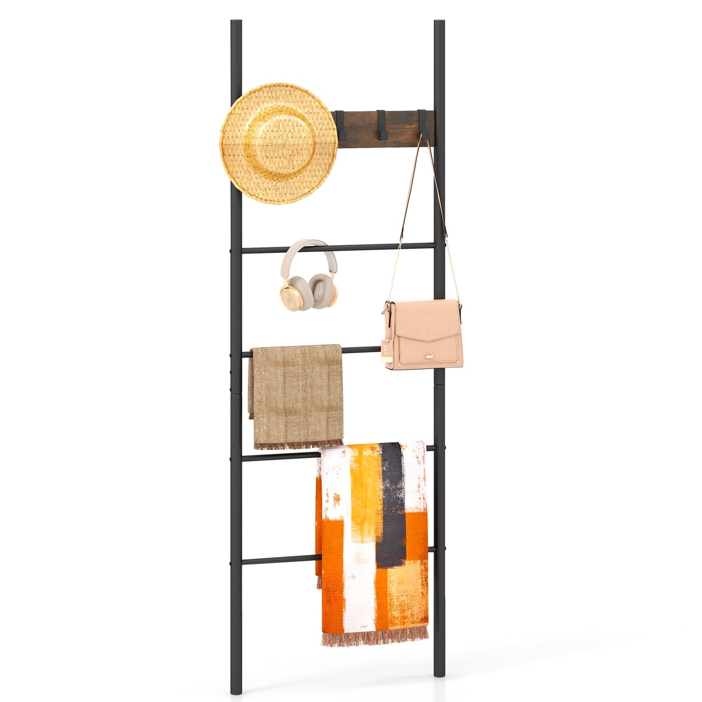 5-Tier Wall-Leaning Blanket Ladder with Removable Hooks and Industrial Design