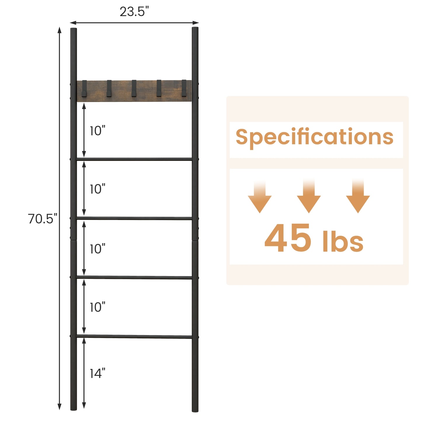 5-Tier Wall-Leaning Blanket Ladder with Removable Hooks and Industrial Design