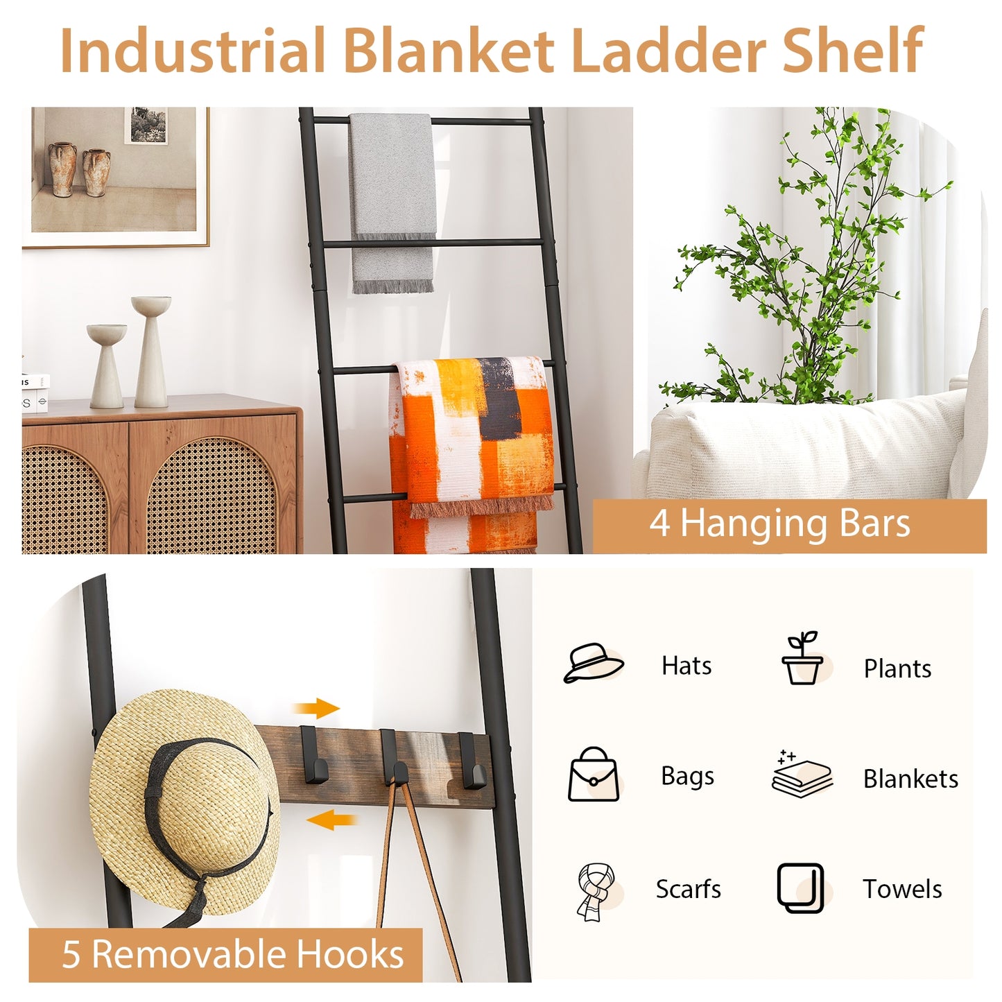 5-Tier Wall-Leaning Blanket Ladder with Removable Hooks and Industrial Design