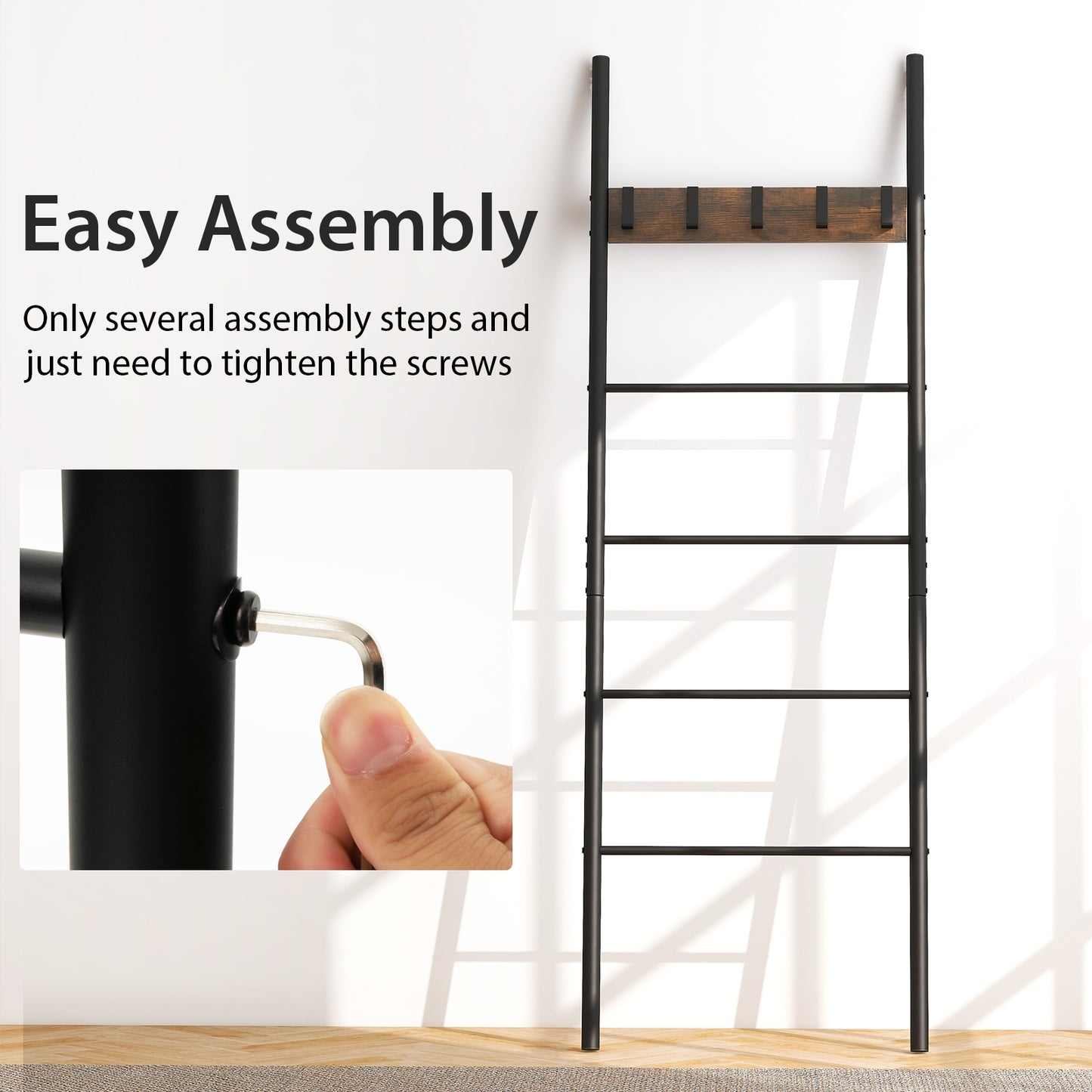 5-Tier Wall-Leaning Blanket Ladder with Removable Hooks and Industrial Design