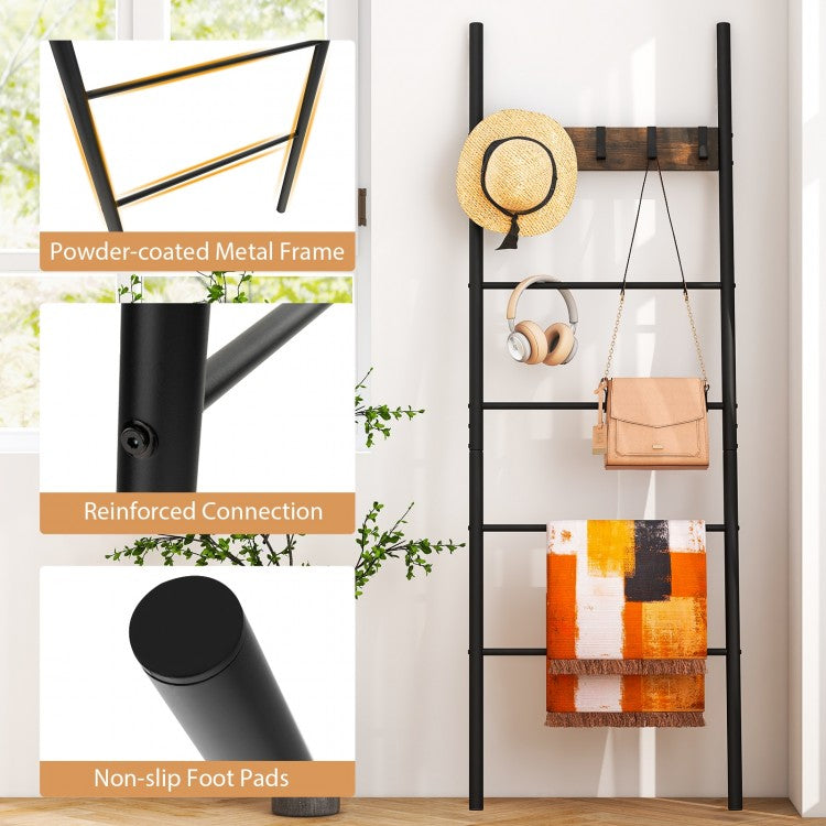 5-Tier Wall-Leaning Blanket Ladder with Removable Hooks and Industrial Design