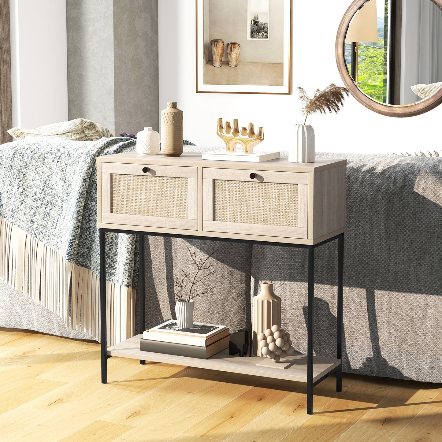 Boho Console Table with Rattan Drawers and Open Shelf for Entryway or Living Room