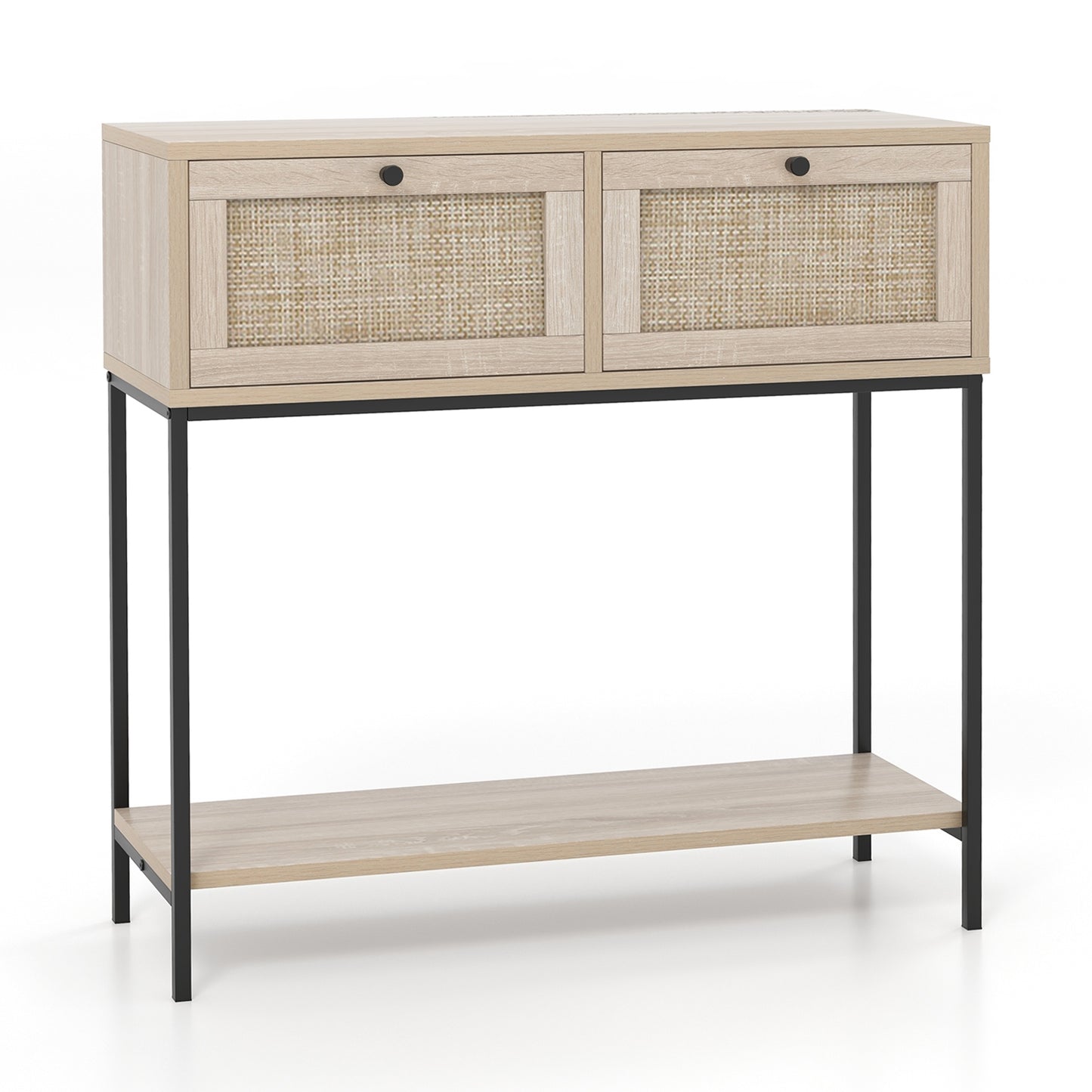 Boho Console Table with Rattan Drawers and Open Shelf for Entryway or Living Room